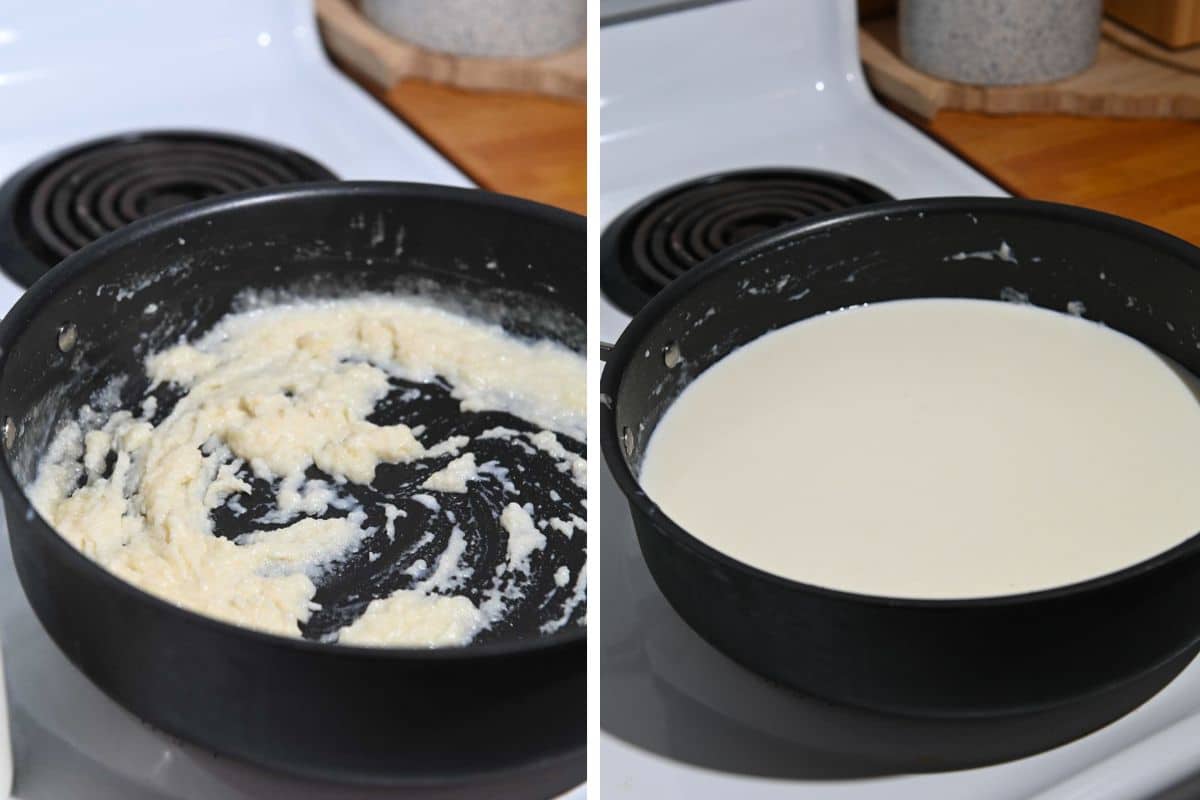 Bechamel sauce being made in a black saute pan.