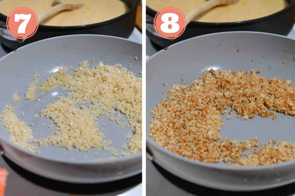 Panko breadcrumbs before and after toasting a gray skillet.