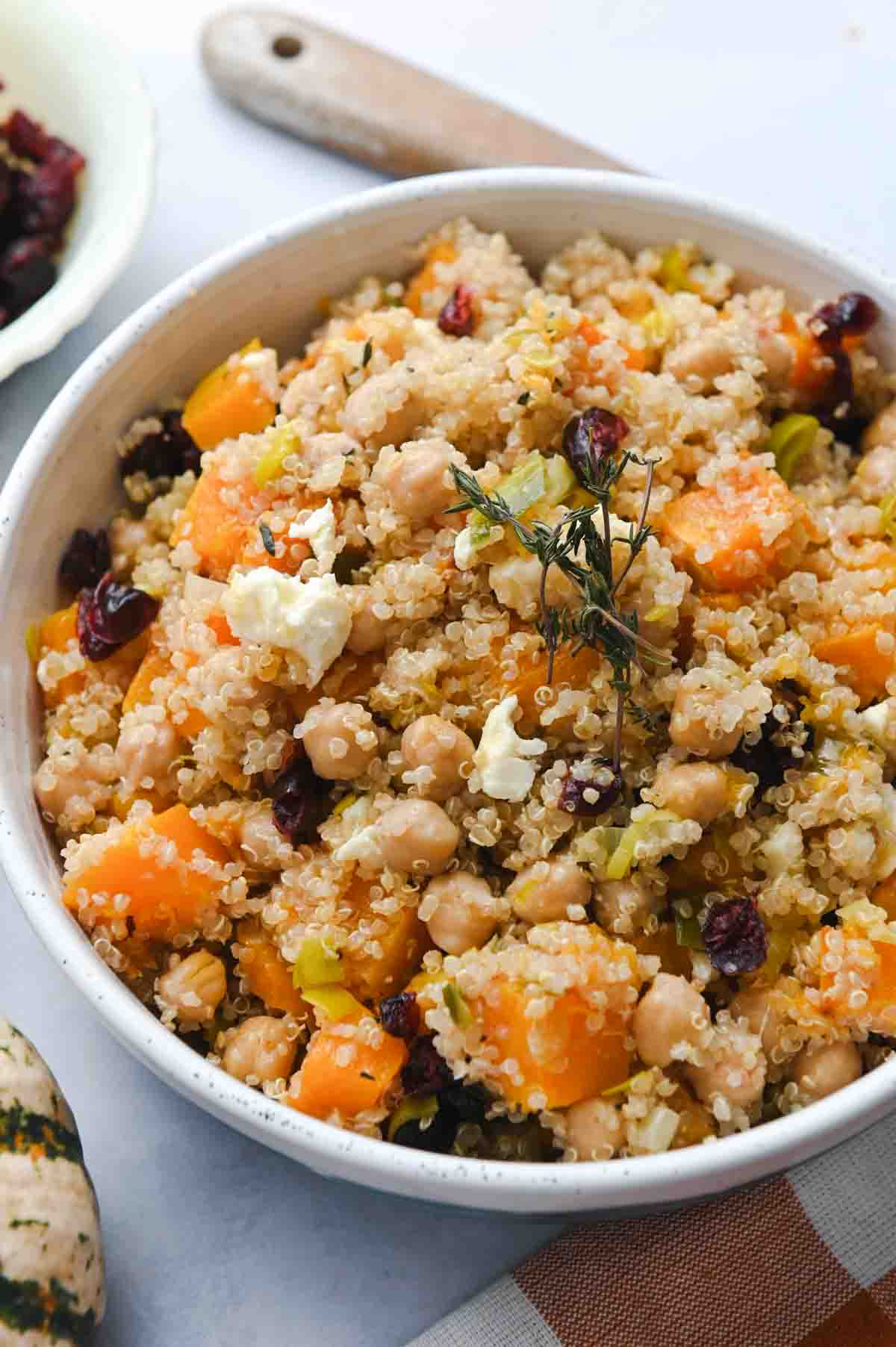 White bowl filled with quinoa and butternut squash salad.