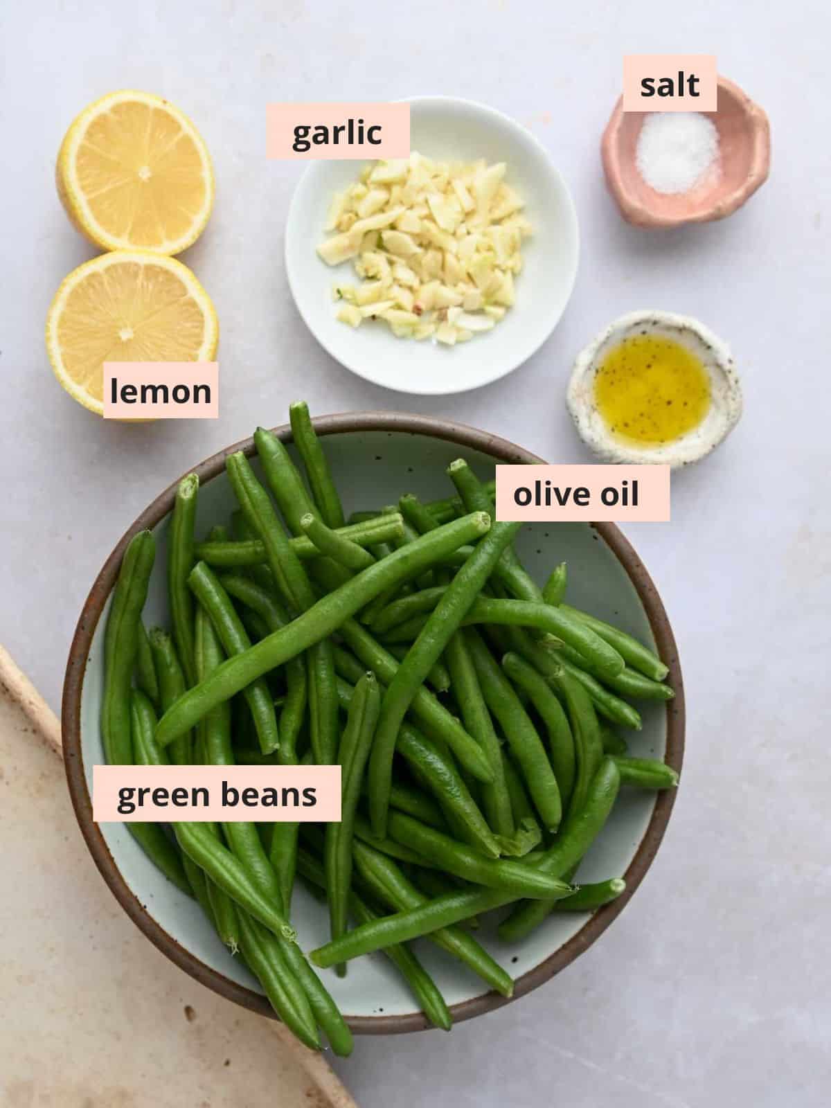 Labeled ingredients used to make roasted green beans.