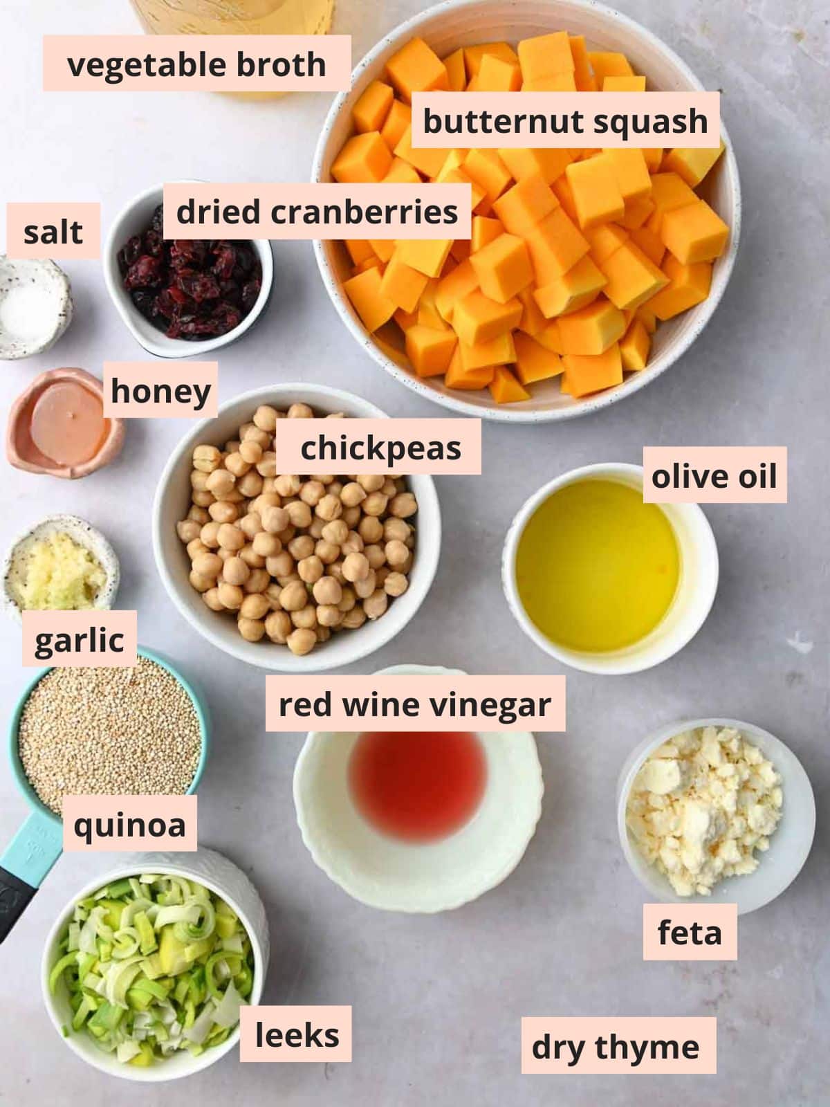 Labeled ingredients used to make butternut squash salad.