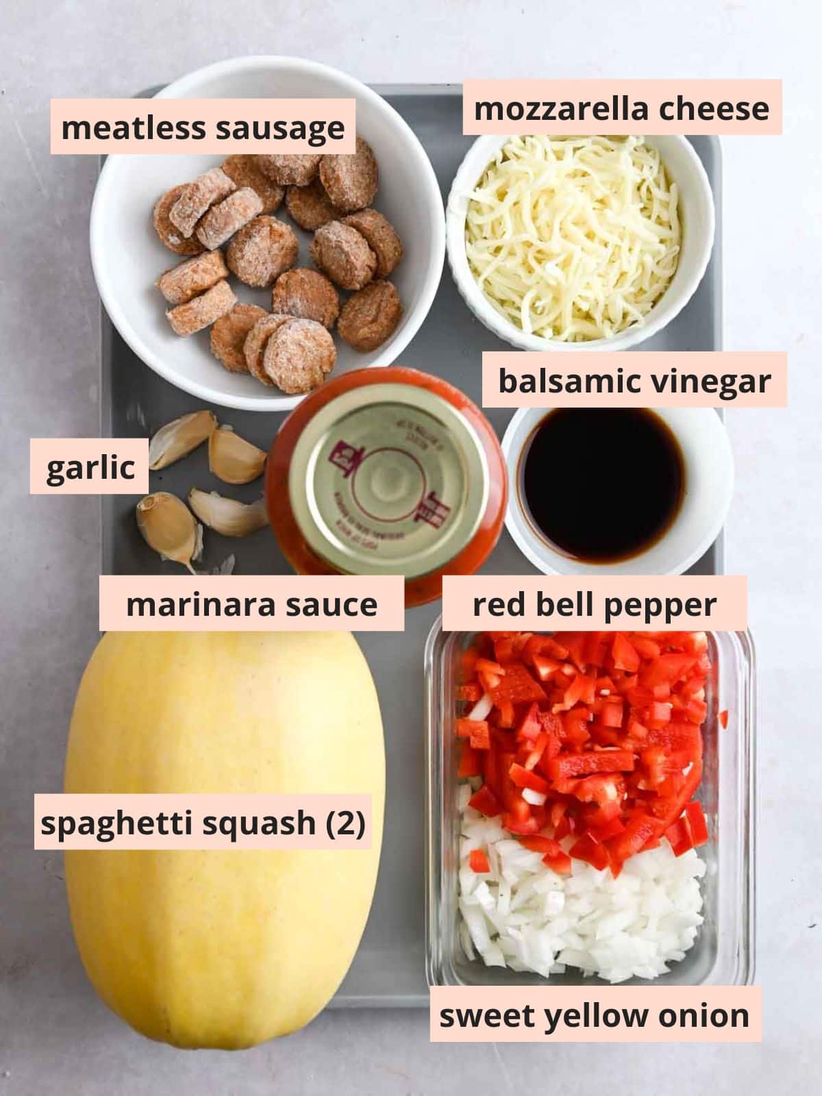 Labeled ingredients used to make spaghetti squash.