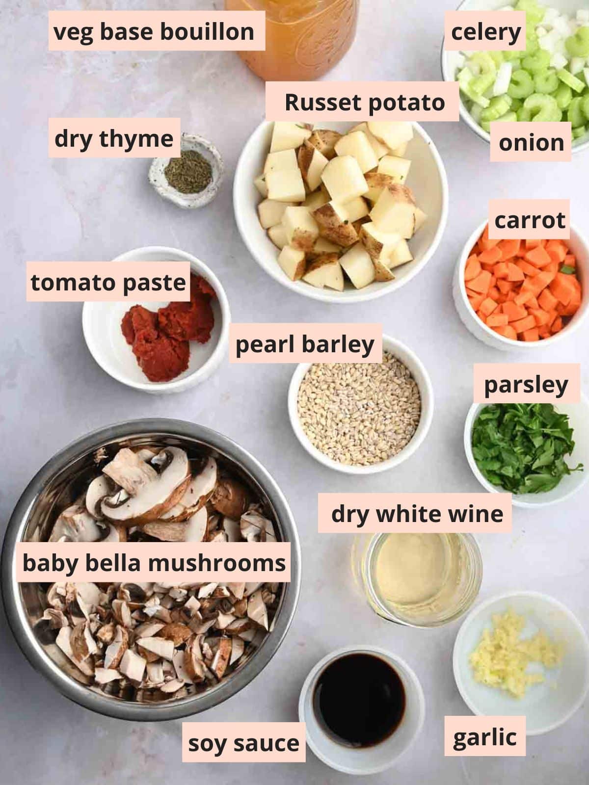 Labeled ingredients used to make mushroom barley soup.