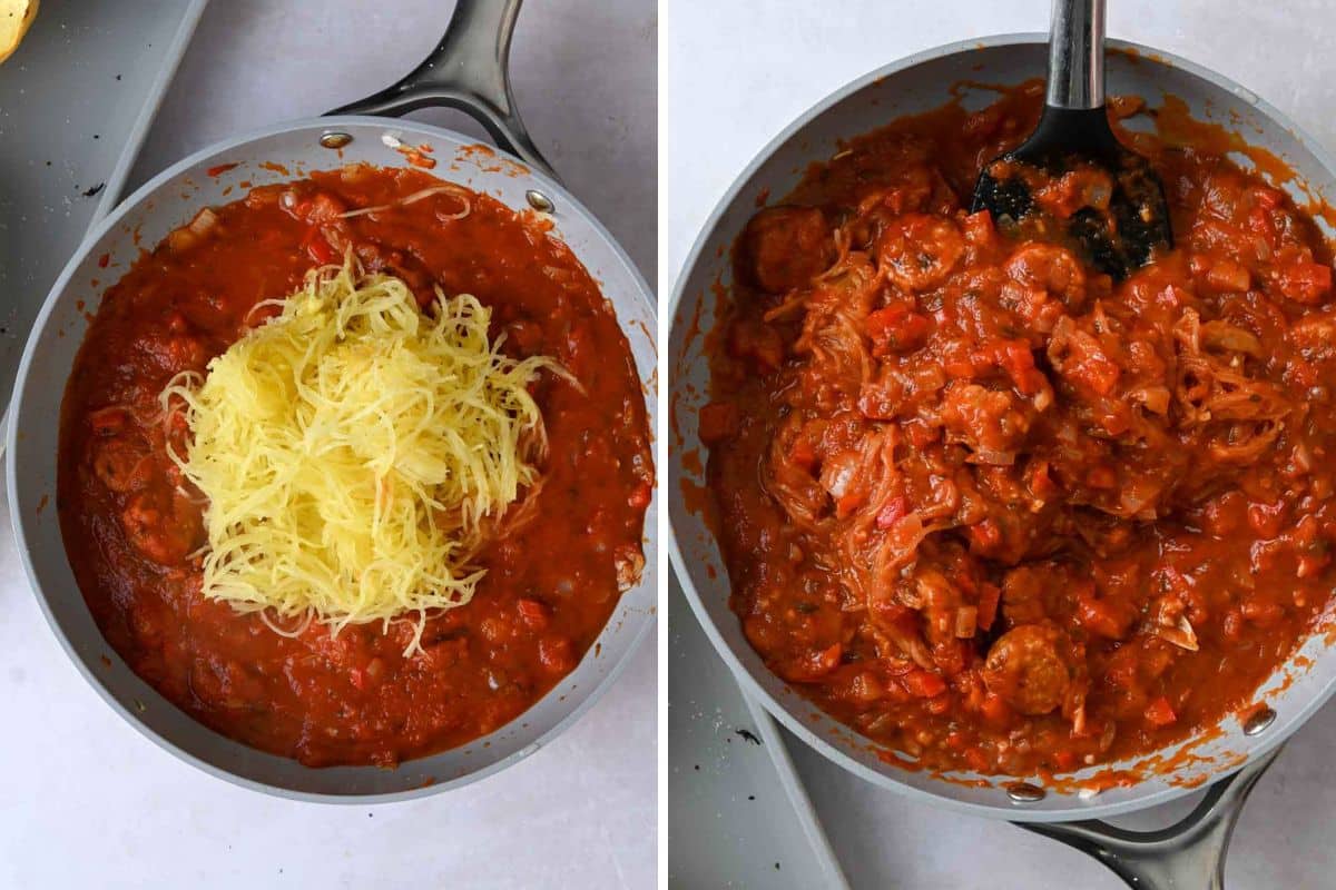 Shredded spaghetti squash before and after being stirred into marinara sauce.