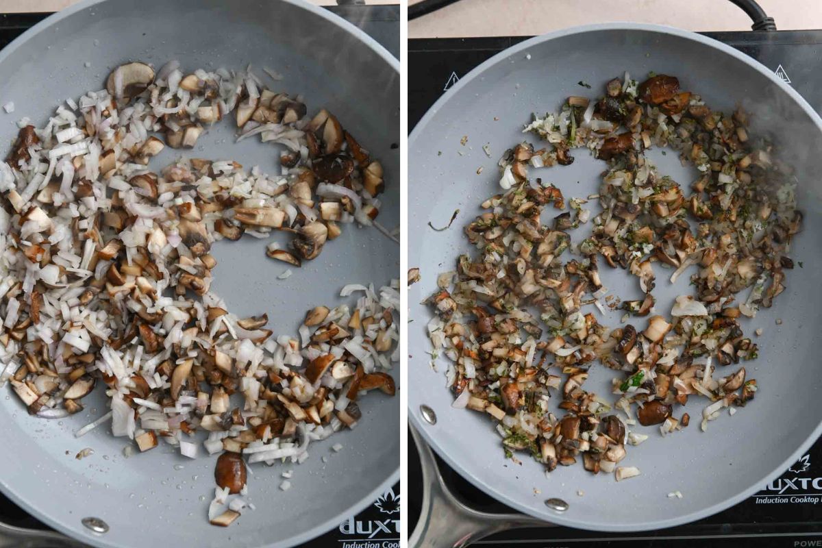 Mushrooms and shallots before and after cooking.