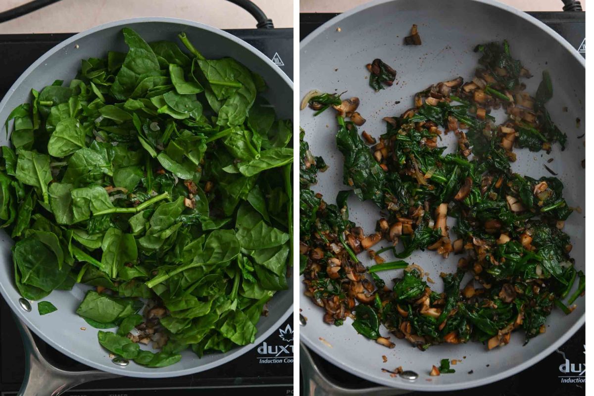 Spinach before and after wilting in a gray skillet.