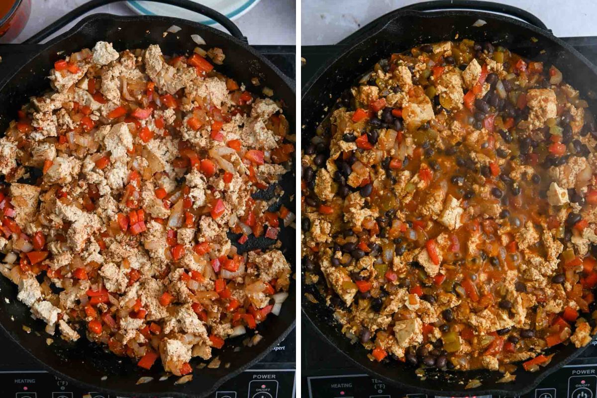 Enchilada casserole filling being cooked in a cast iron pan.