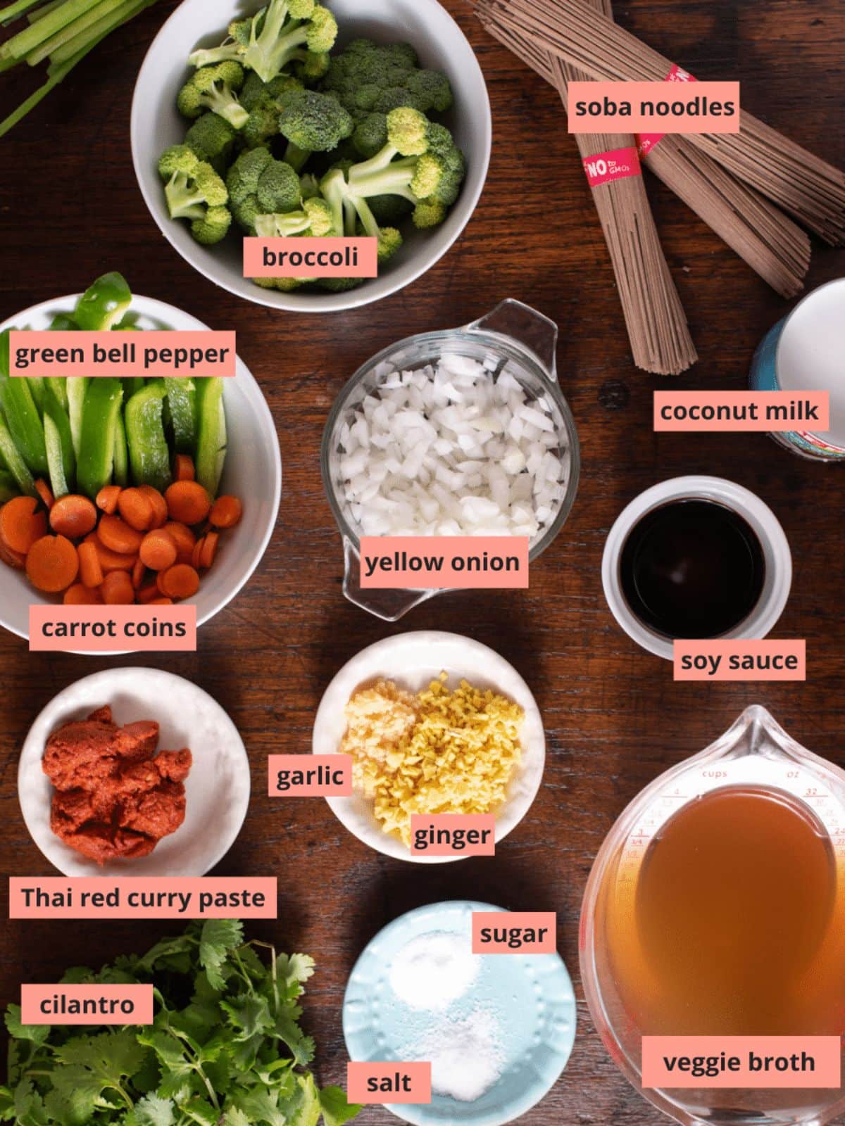 Labeled ingredients in individuals bowls on a wooden table.