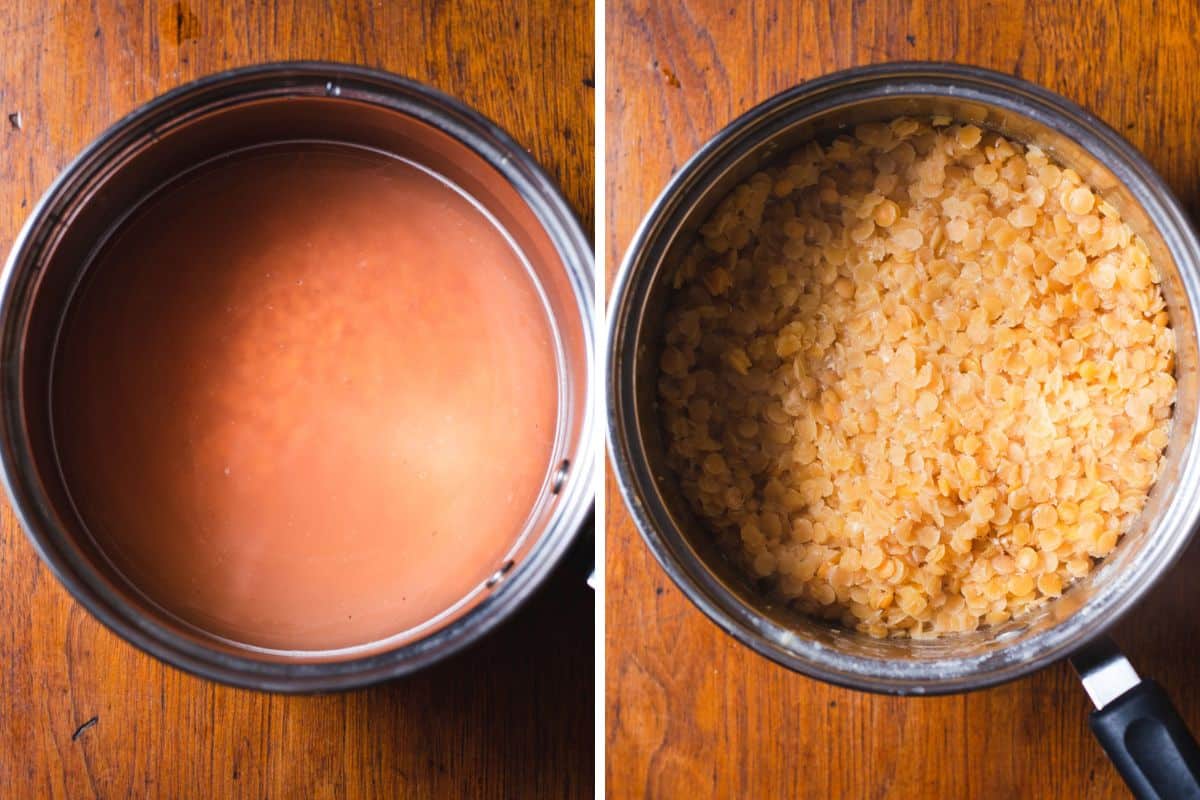 Red lentils in a sauce pot before and after cooking.