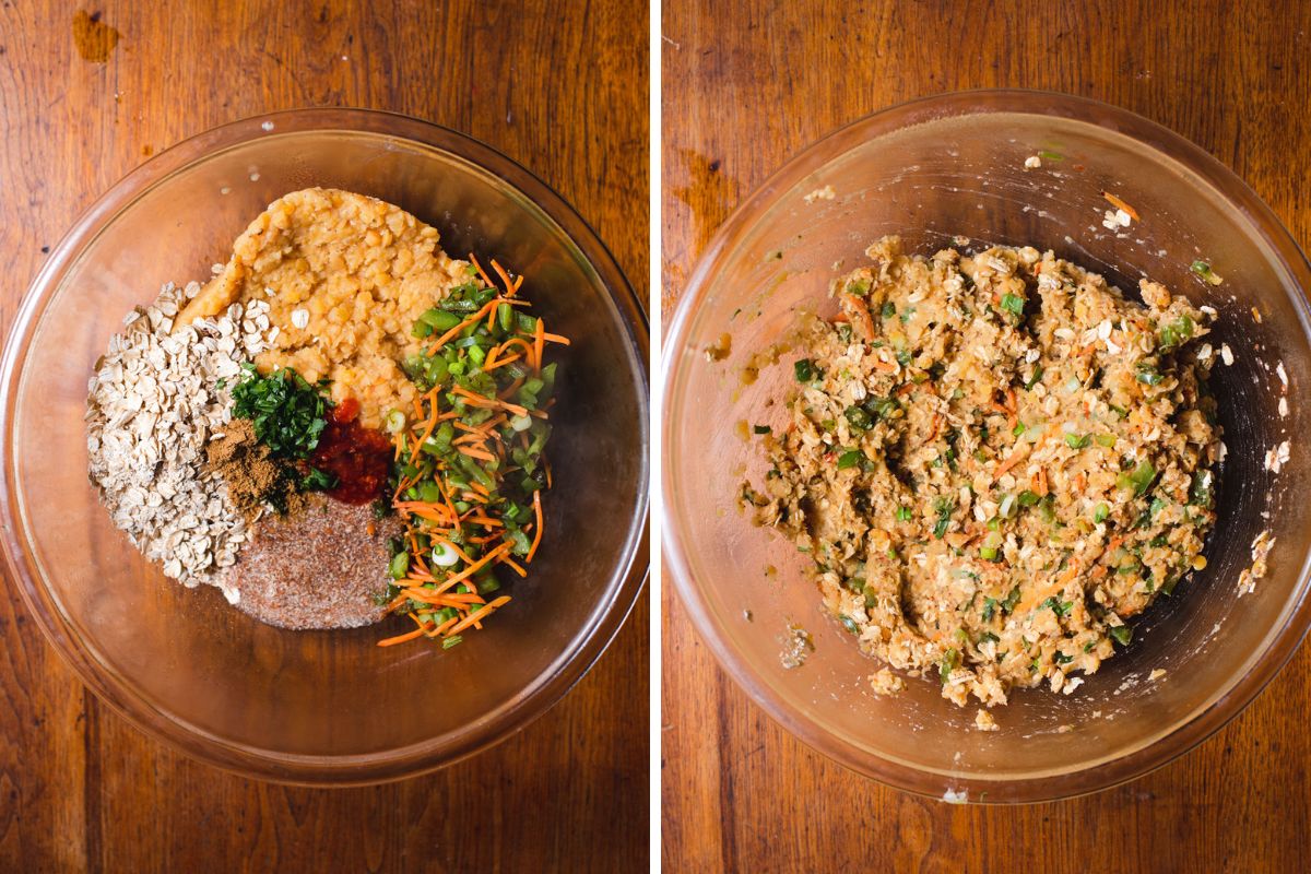 Red lentil patty ingredients in a large glass bowl before and after being stirred together.