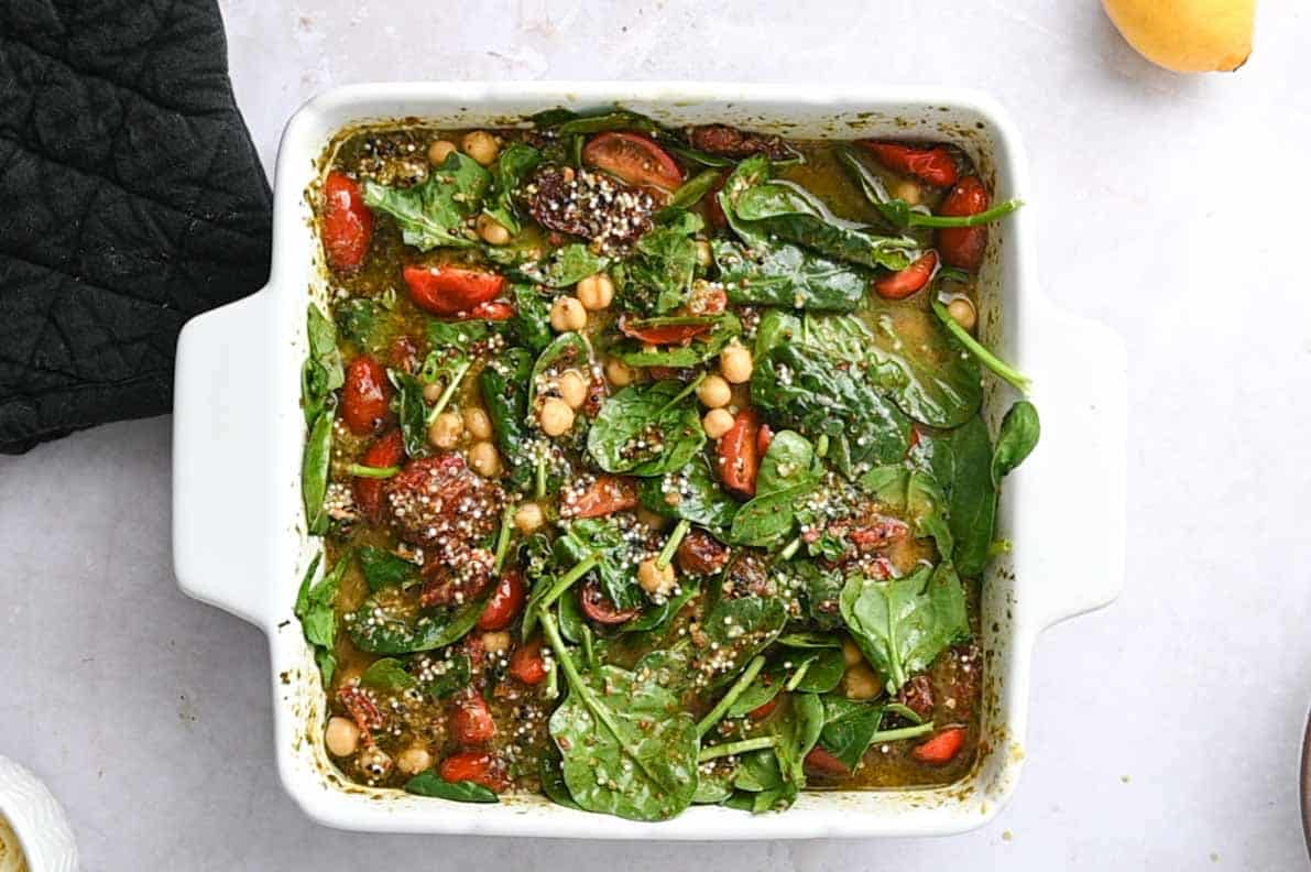 Spinach stirred into the quinoa chickpea dish.