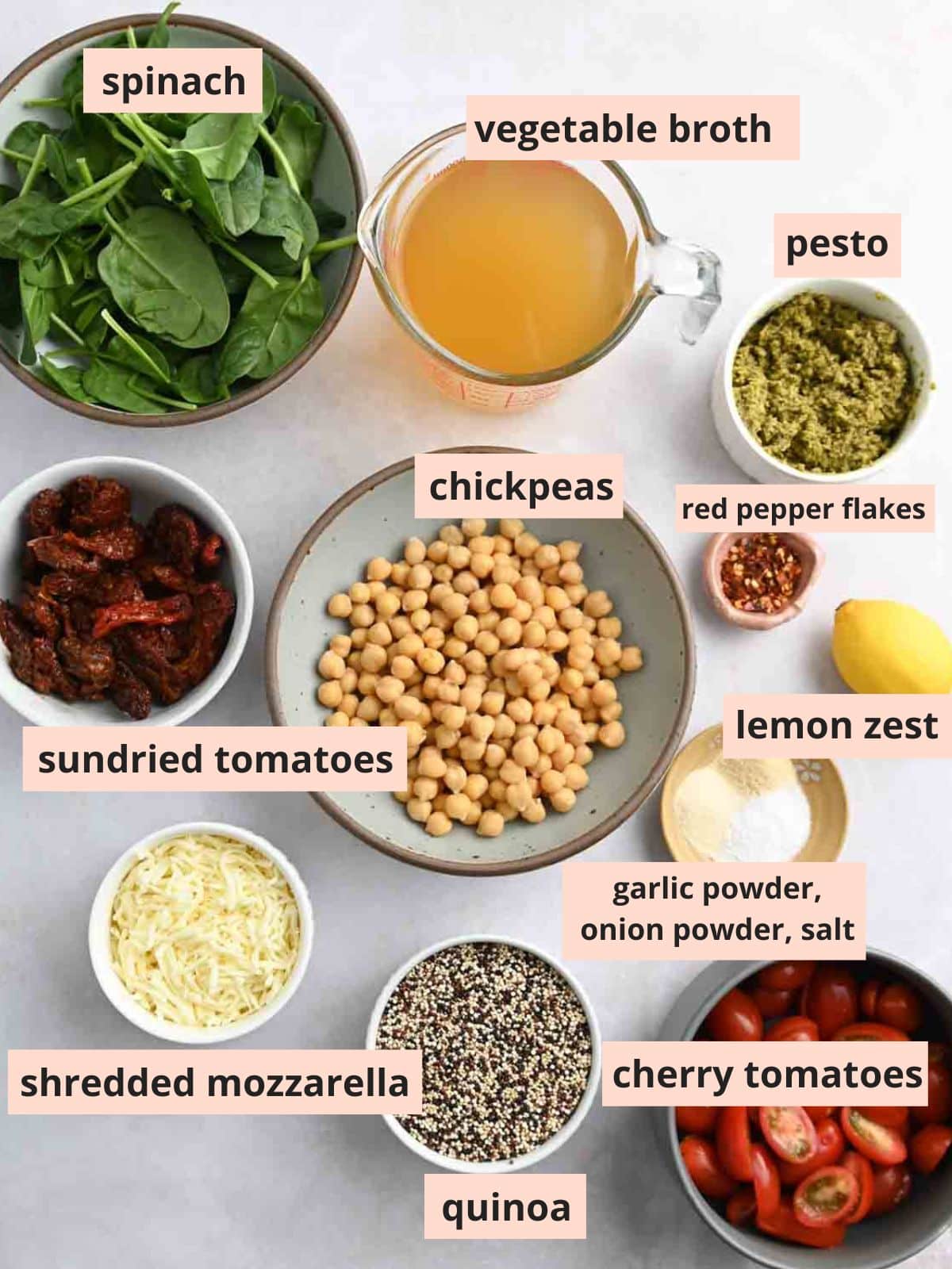 Labeled ingredients used to make quinoa pesto bake.