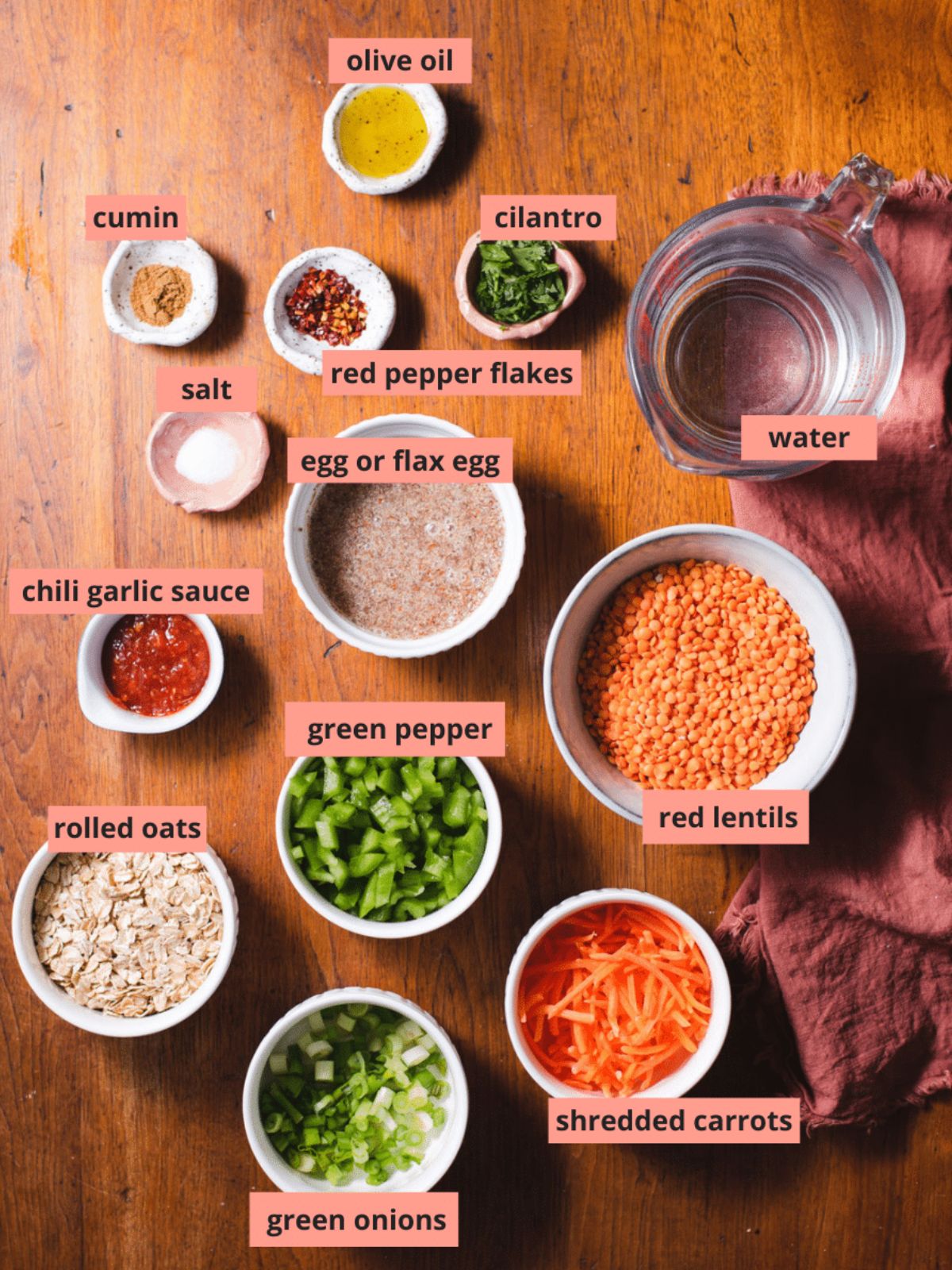 Labeled ingredients used to make red lentil burgers.