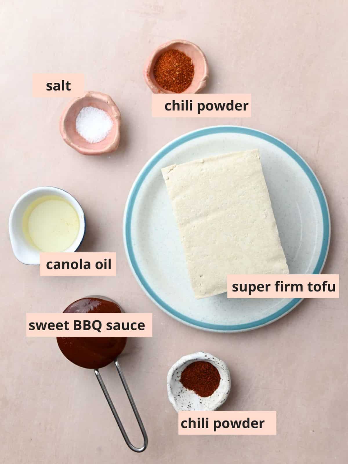 Labeled ingredients used to make shredded tofu.
