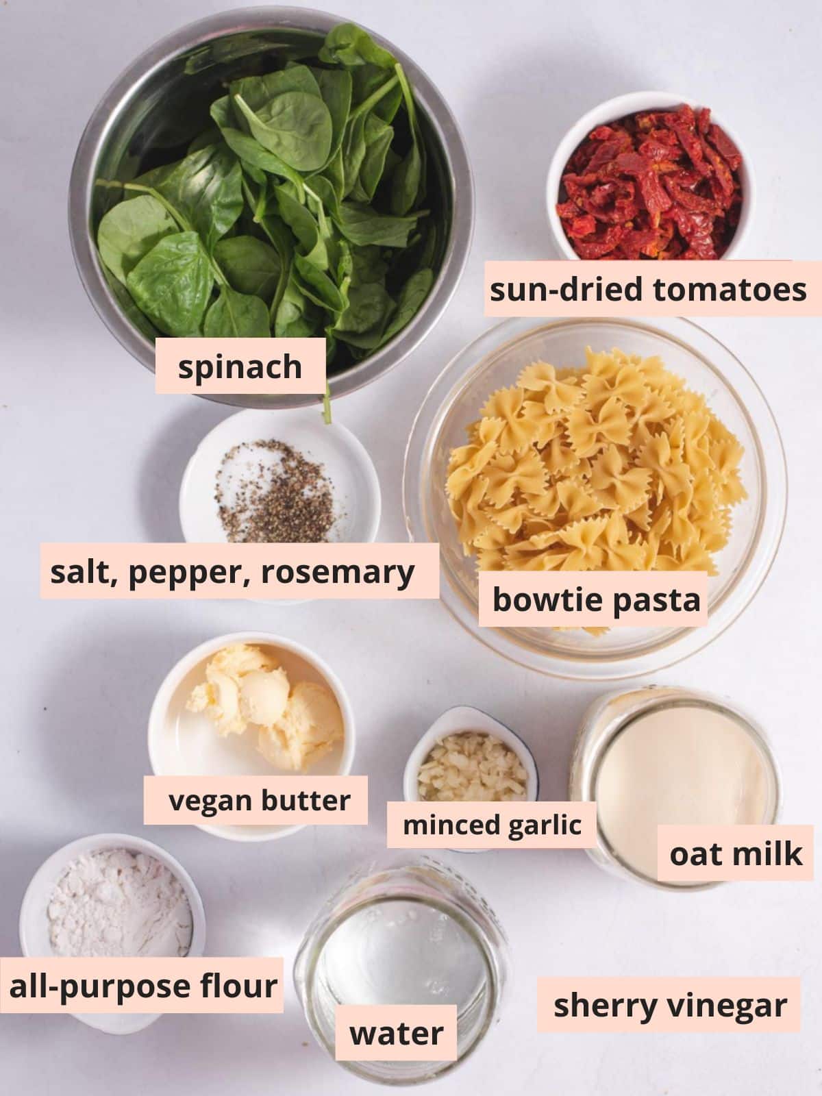 Labeled ingredients used to make sun-dried tomato pasta.