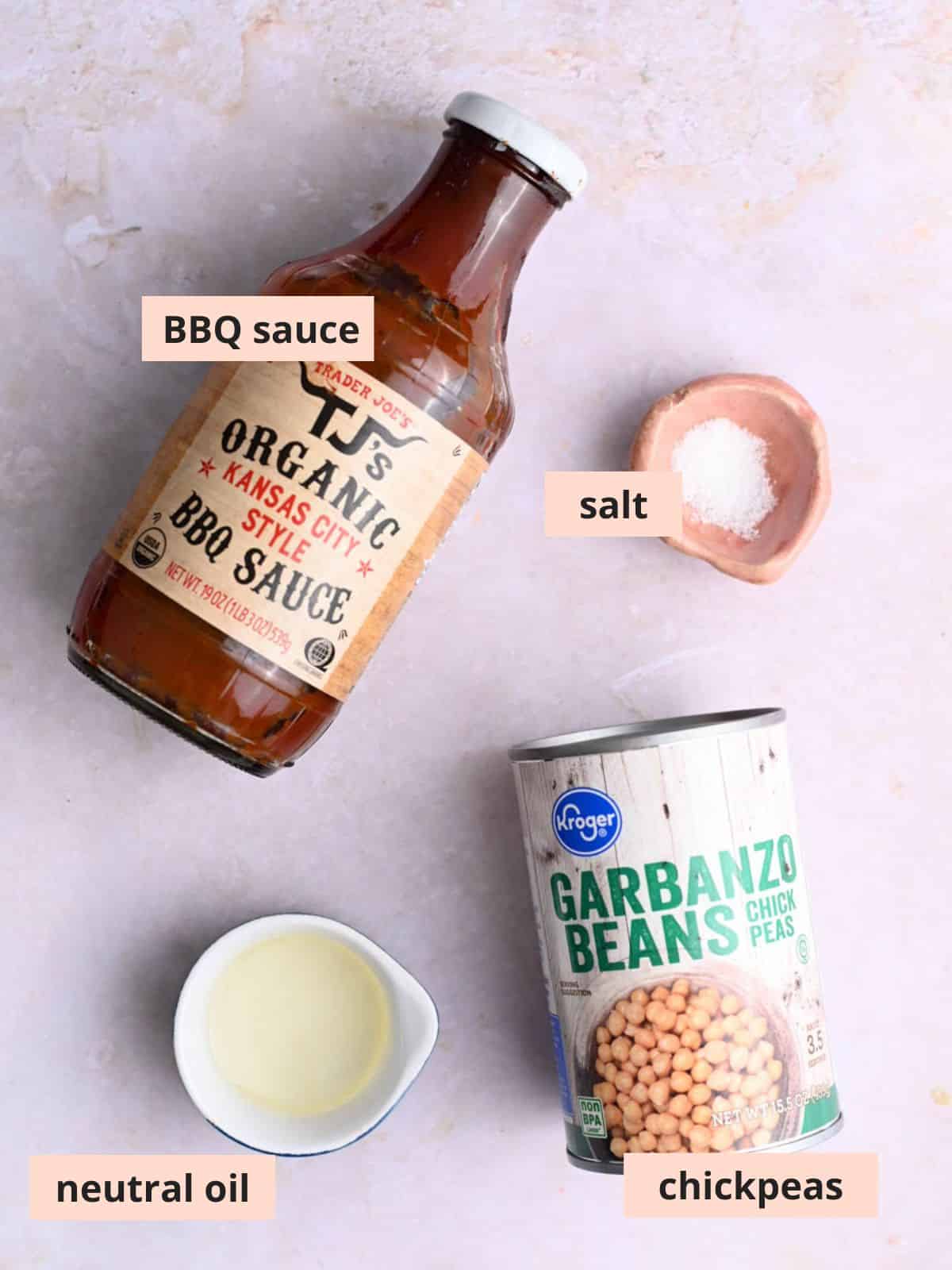 Labeled ingredients used to make BBQ chickpeas.