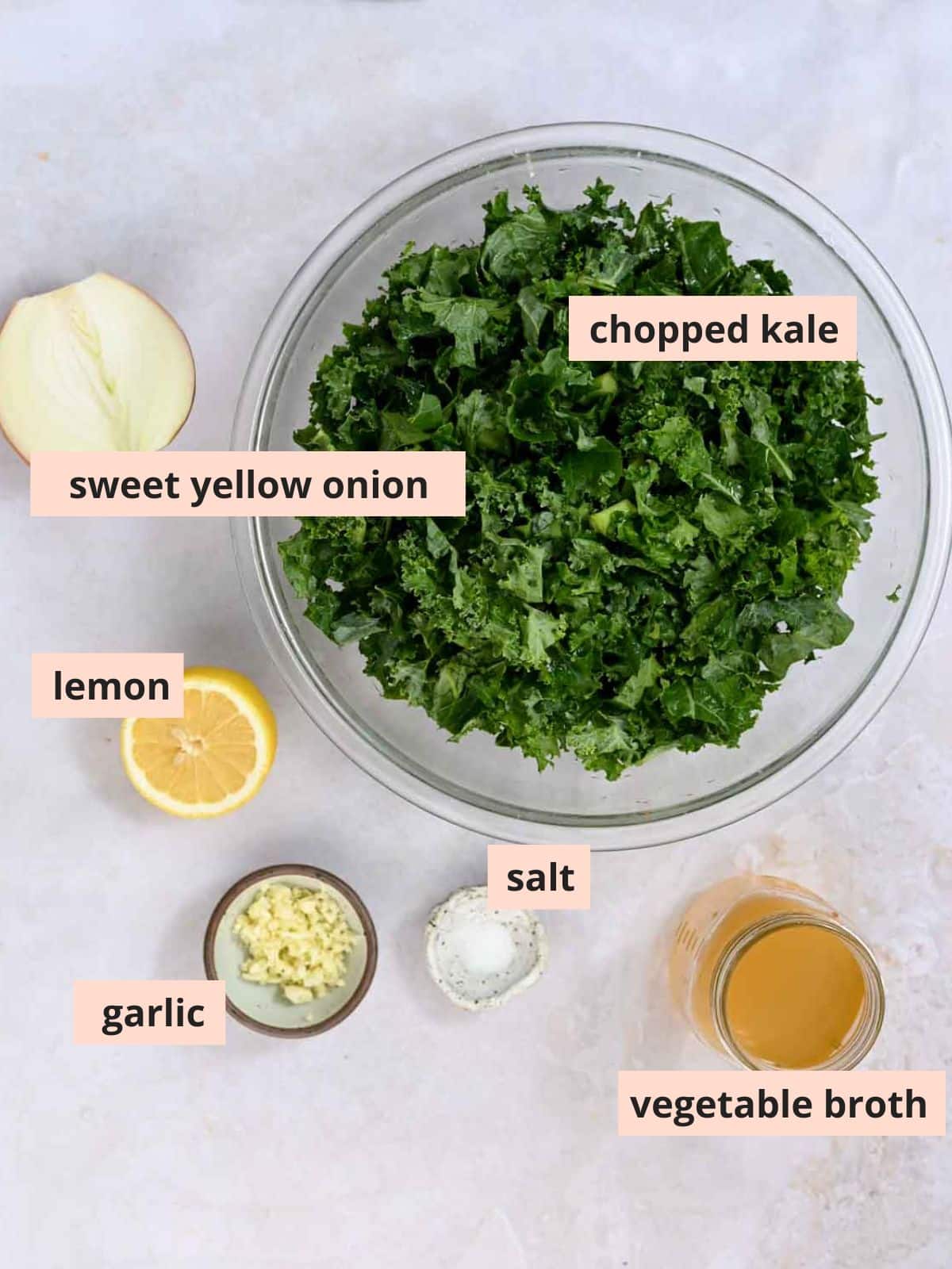 Labeled ingredients used to make instant pot kale.