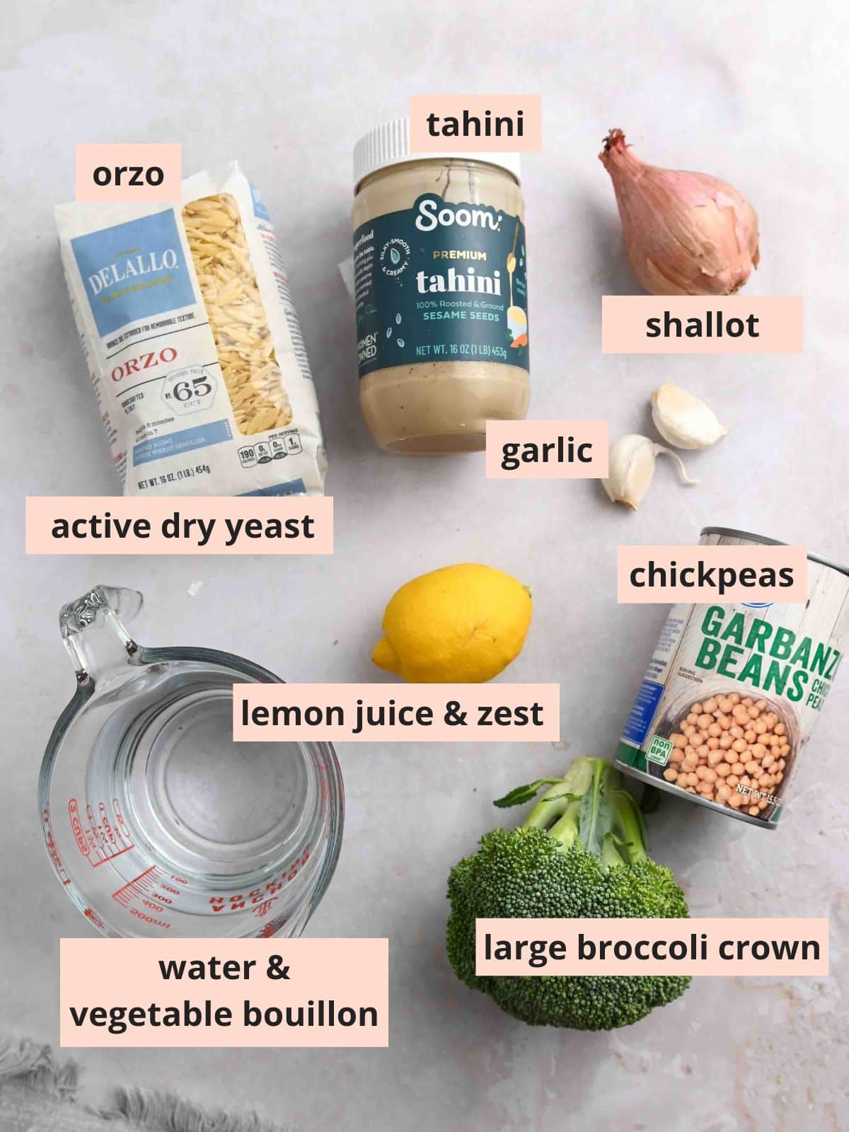 Labeled ingredients used to make tahini orzo.