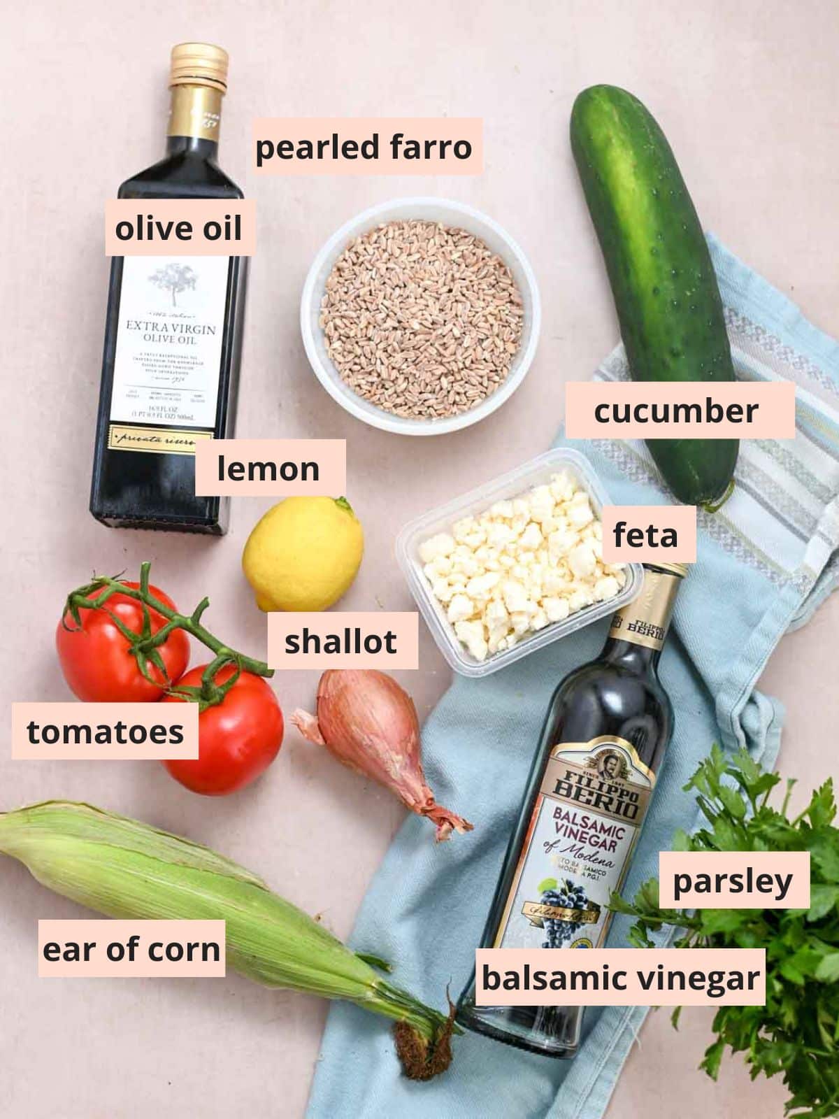 Labeled ingredients used to make farro salad.