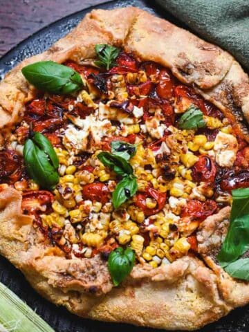 Galette with corn, cherry tomatoes, and basil.