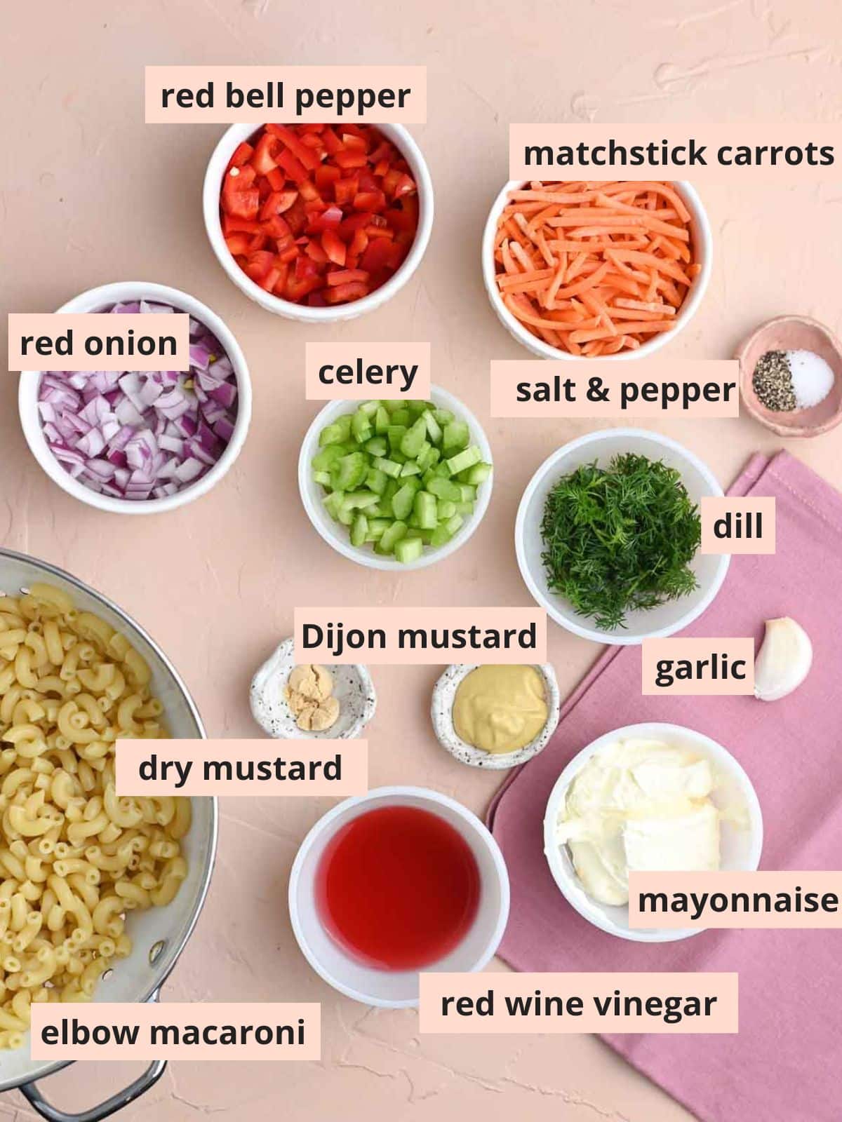 Labeled ingredients used to make macaroni salad.