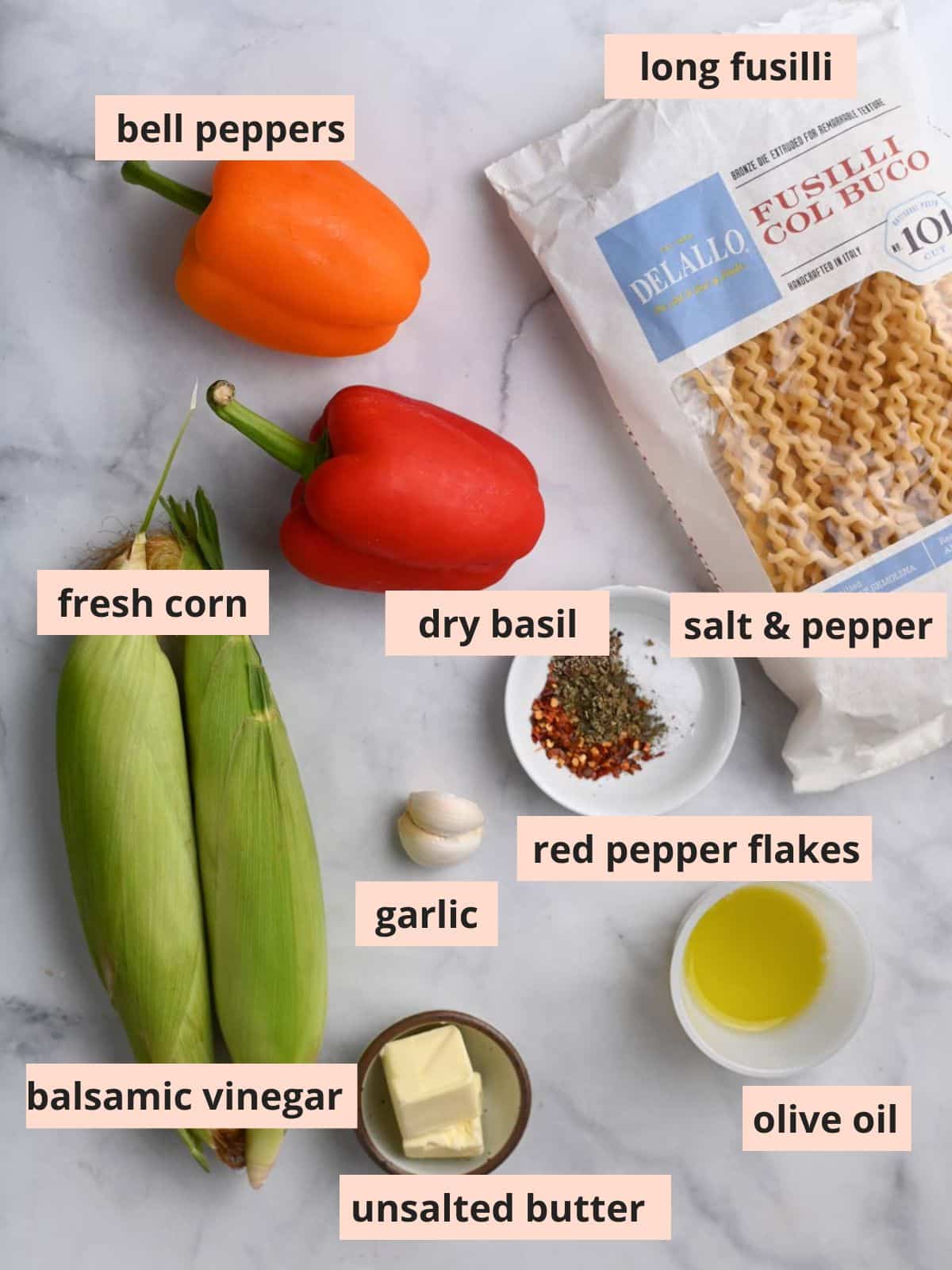 Labeled ingredients used to make bell pepper pasta.