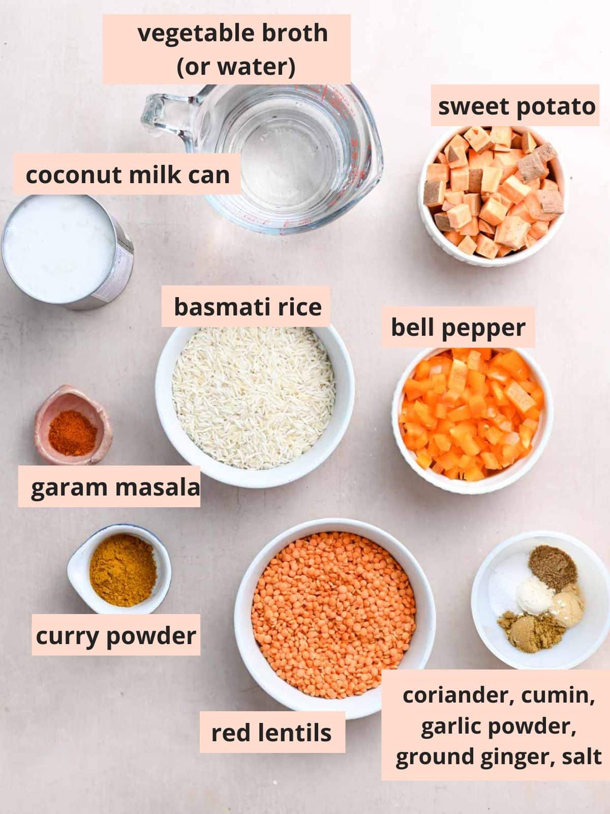 Labeled ingredients used to make red lentil casserole.