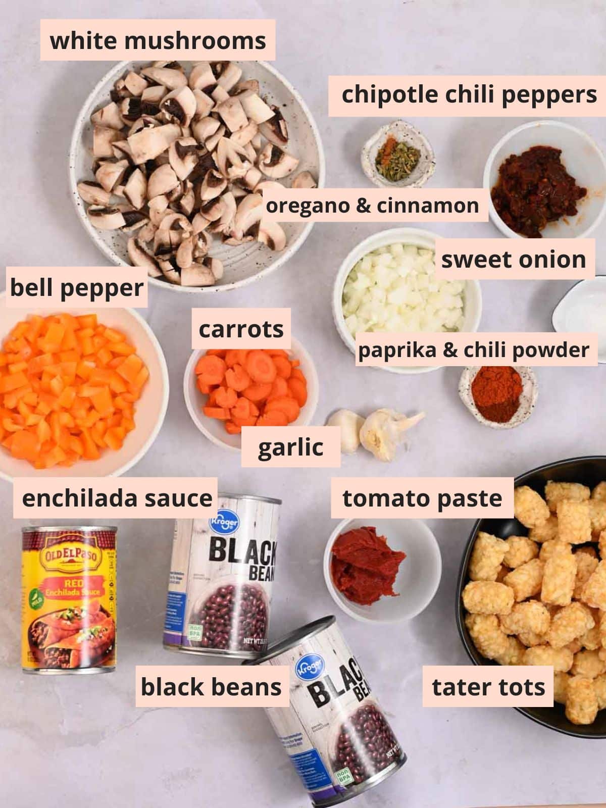Labeled ingredients used to make tater tot casserole.