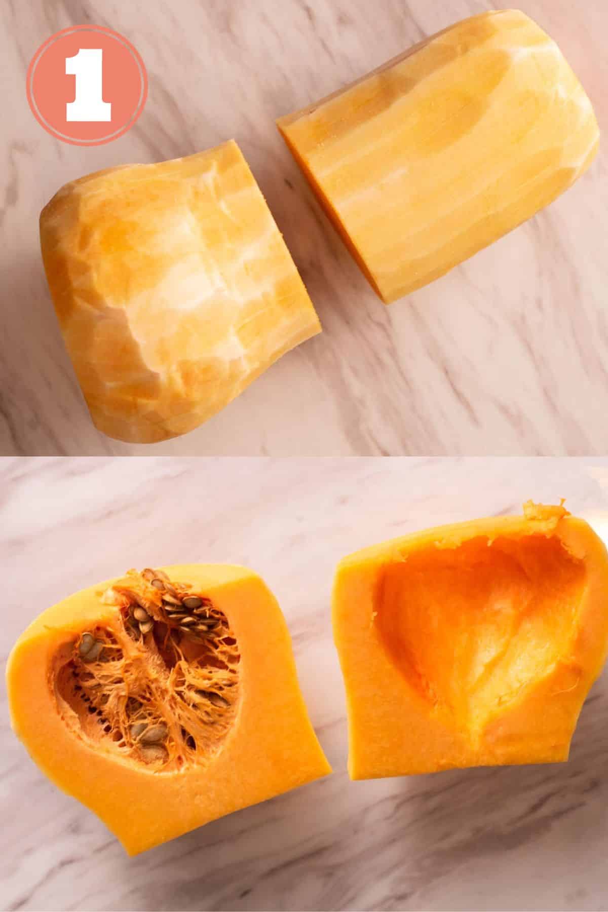 Peeled squash before and after slicing in half.