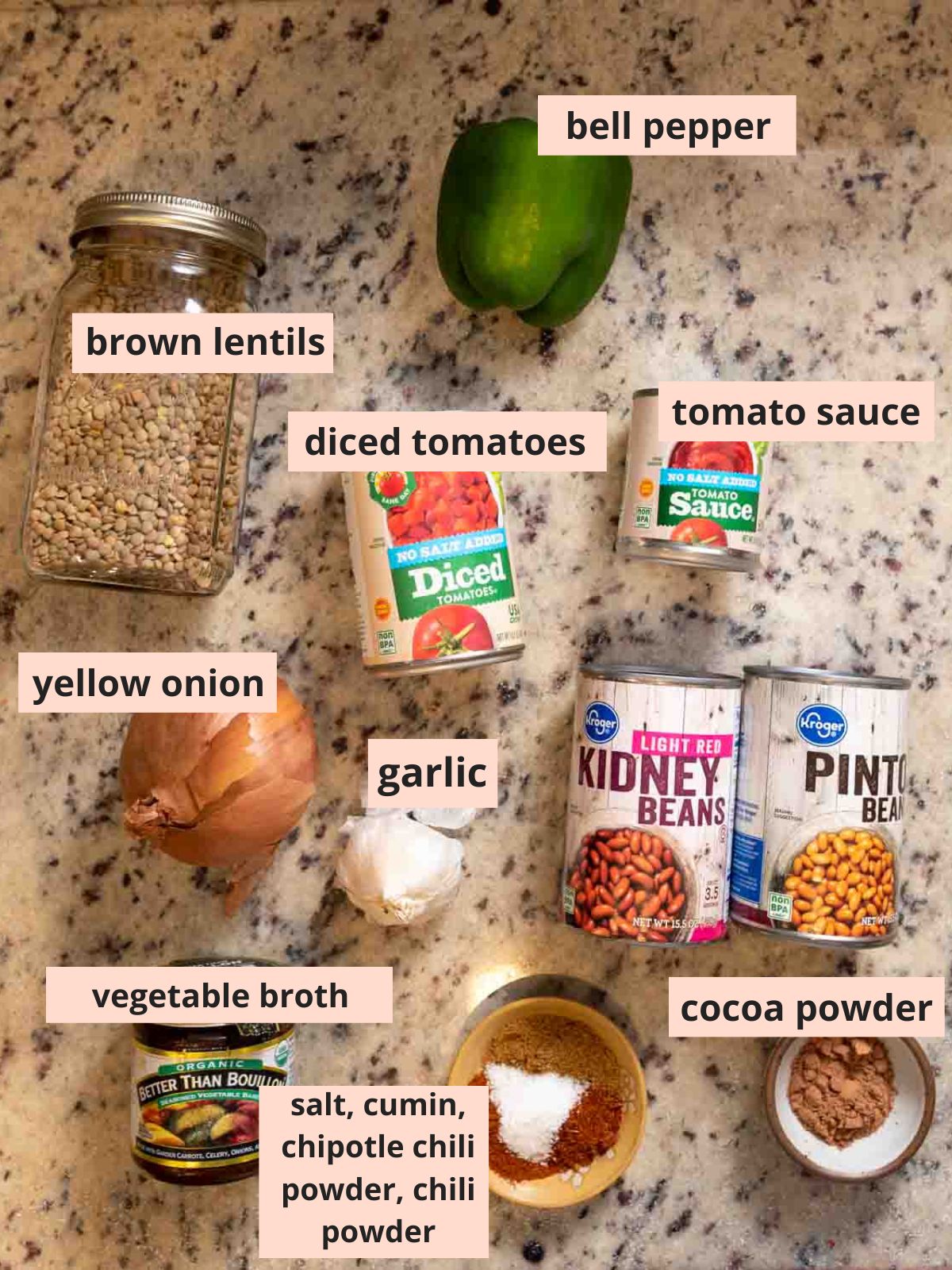 Labeled ingredients on a granite countertop.