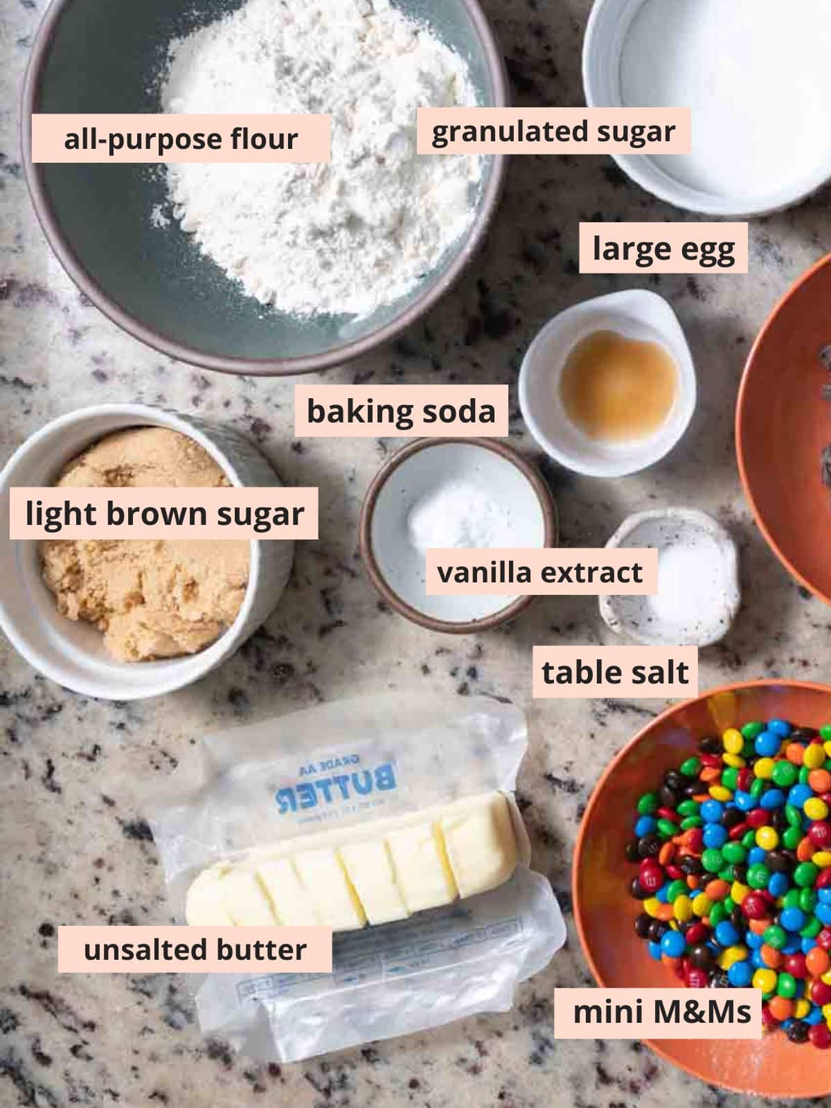 Labeled ingredients made to make cookies.