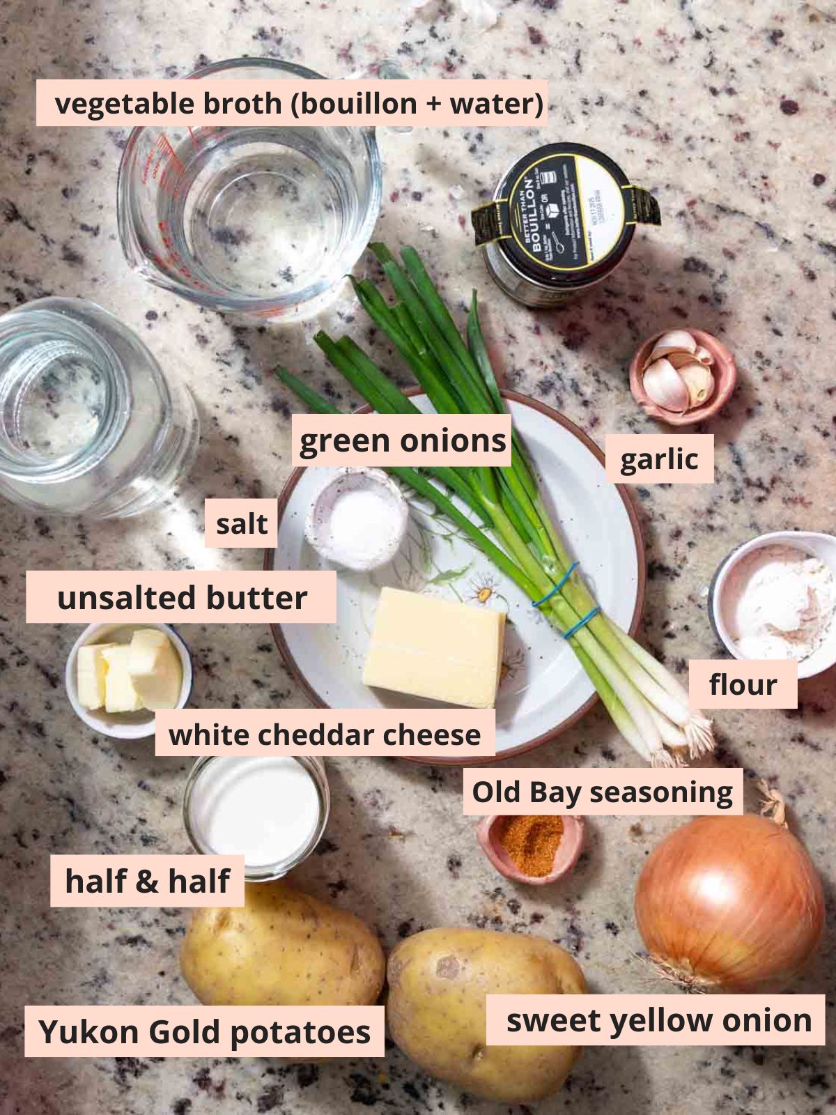 Labeled soup ingredients.