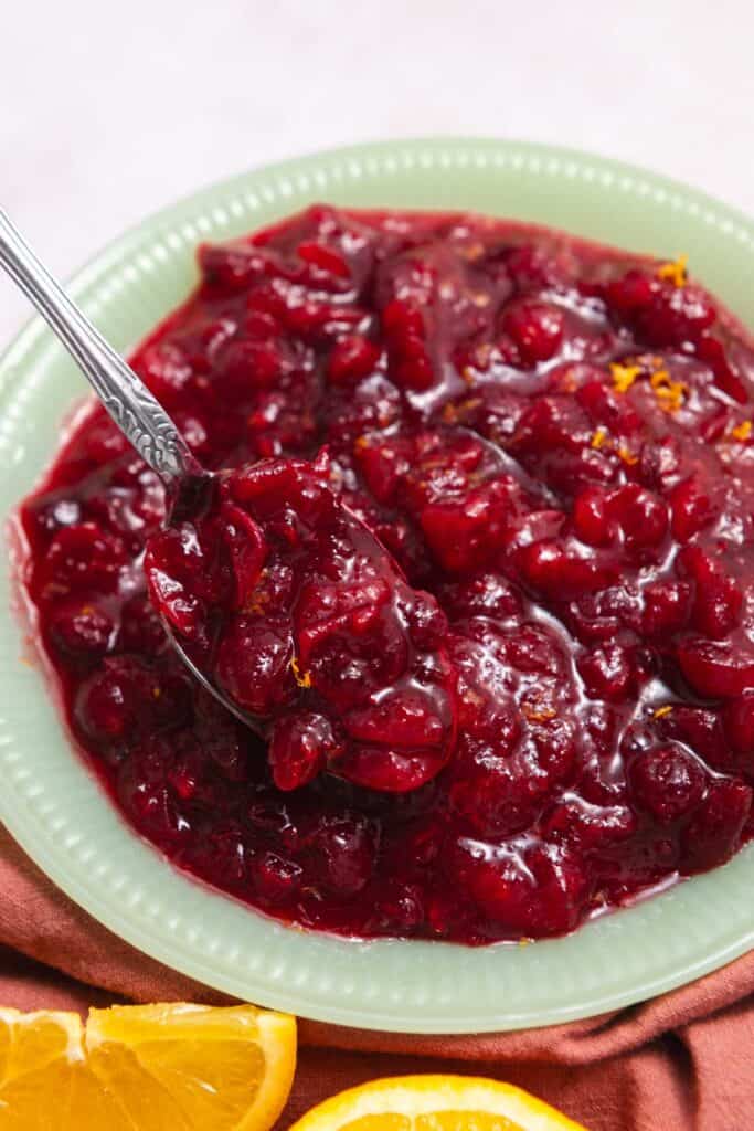 Silver spoon lifting a scoop of cranberry sauce from a bowl.