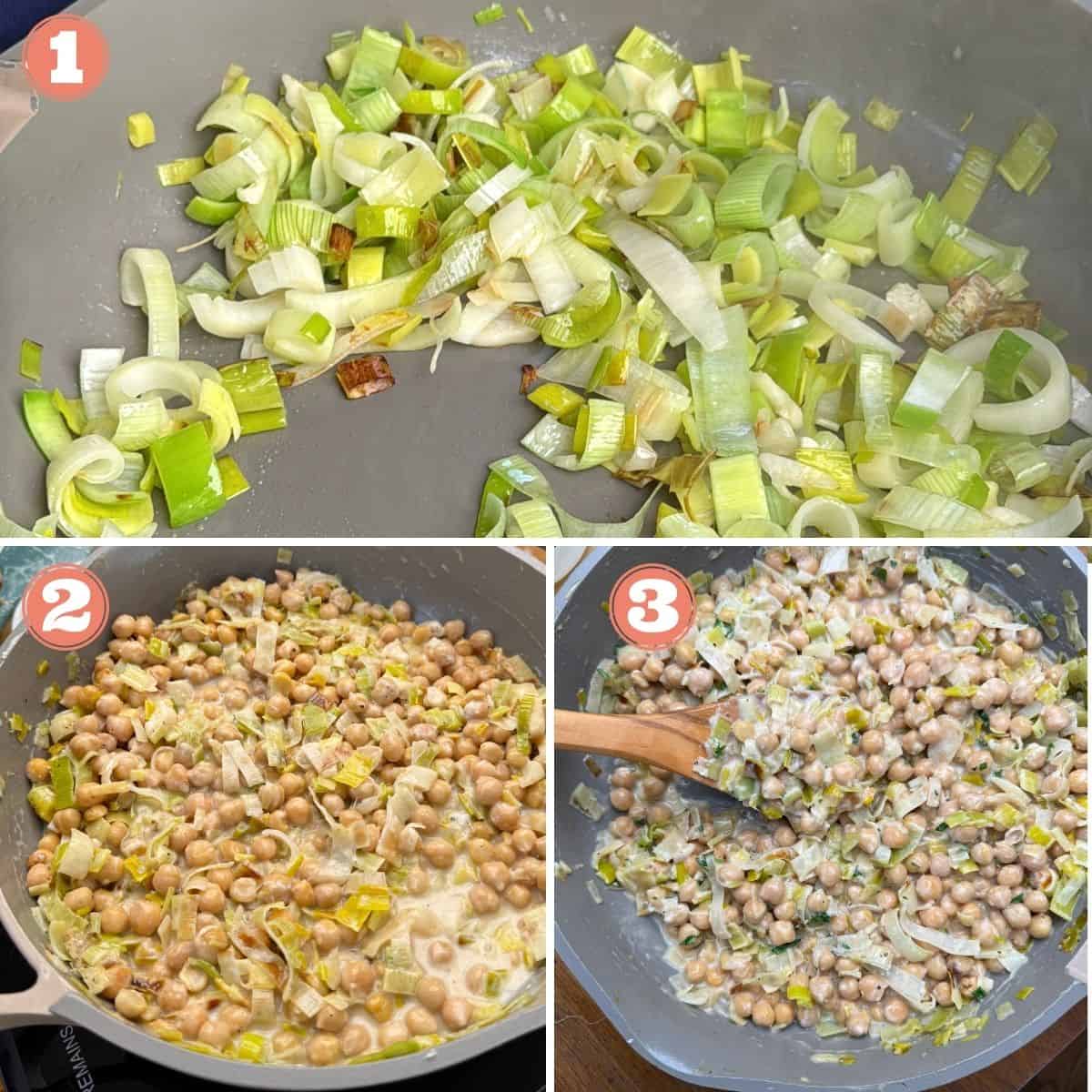 Steps 1 to 3 to make the lemon chickpeas.