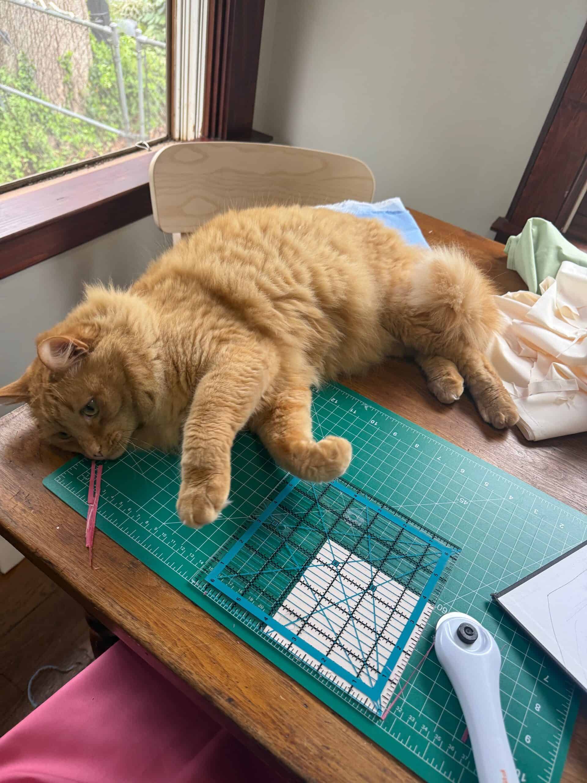 Orange cat laying on a green mat next to a rotary cutter and a measuring square.