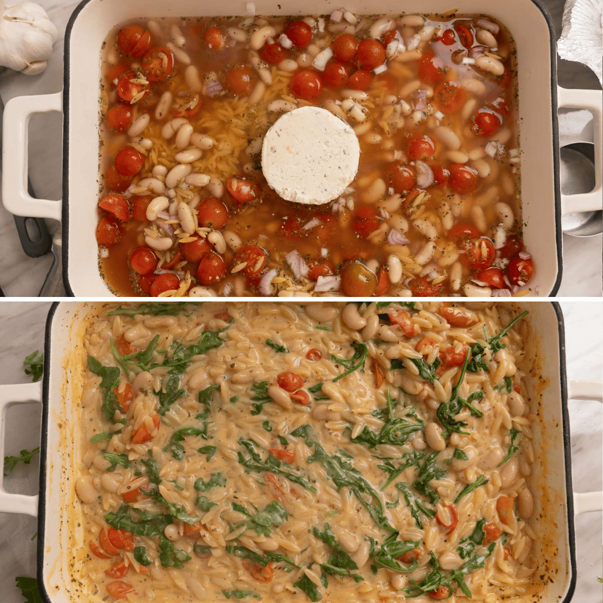Orzo bake before and after baking.