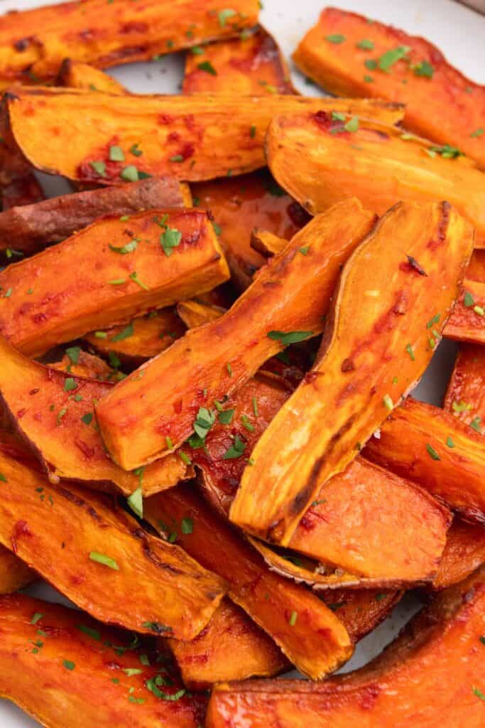 Close up of sweet potato wedges.