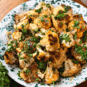 Roasted cauliflower topped with chopped herbs on a blue speckled plate.