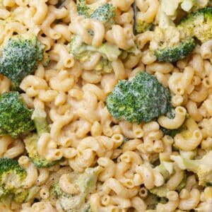 Close up of elbow macaroni and broccoli.