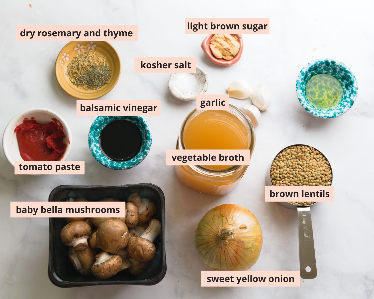 Labeled recipe ingredients.