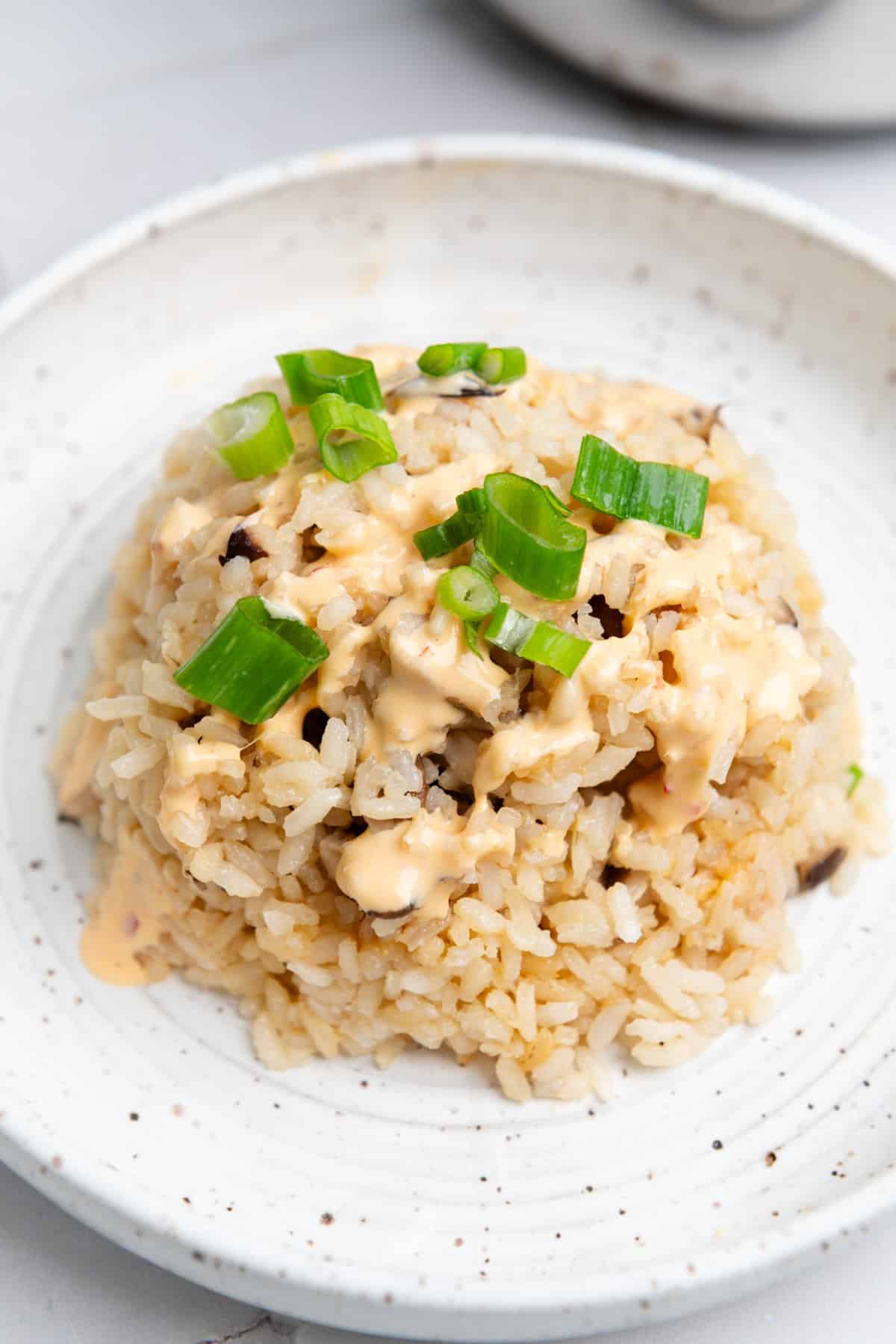 White plate with large scoop of miso mushroom rice with sliced green onions on top.