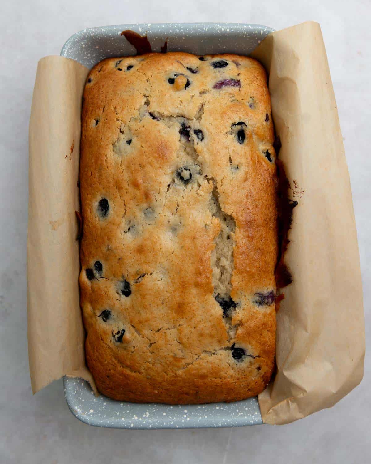 Top down view of loaf of blueberry bread in a loaf pan.