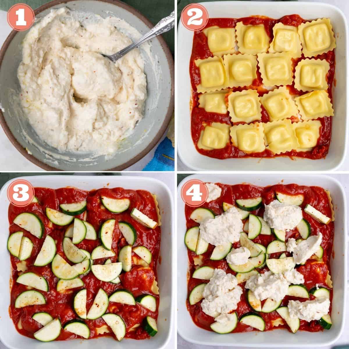 Steps 1 through 4 to assemble the ravioli bake.