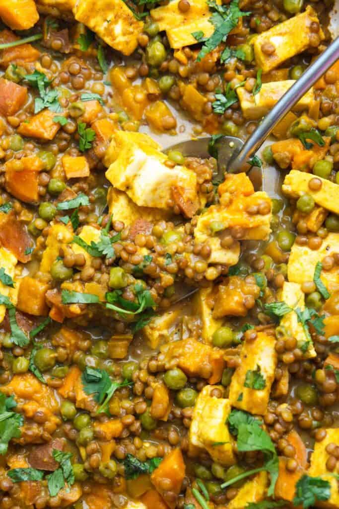 Close up of lentils and sweet potatoes with a metal serving spoon.