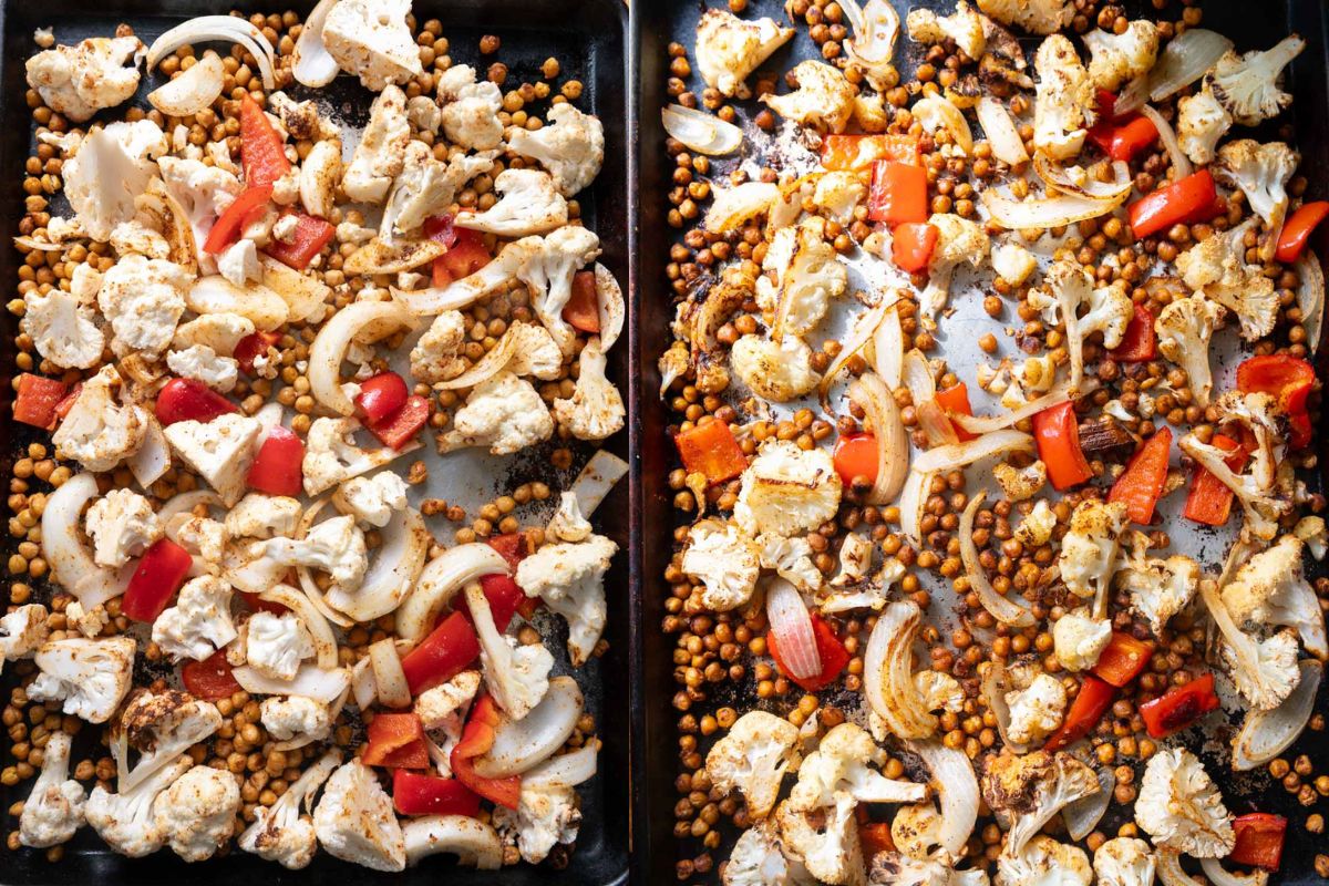 Sheet pan with vegetables and chickpeas before and after roasting.