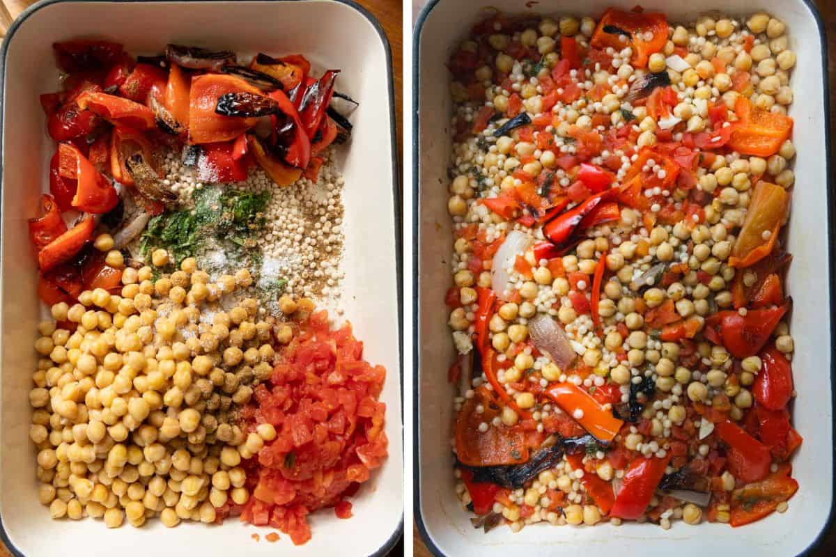 Casserole ingredients in baking dish before and after being stirred together.