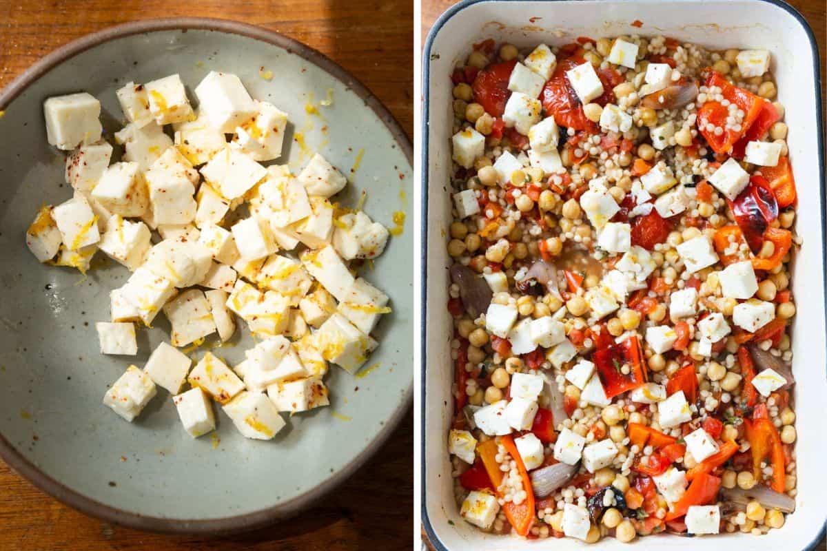 Halloumi before and after being added to the casserole.
