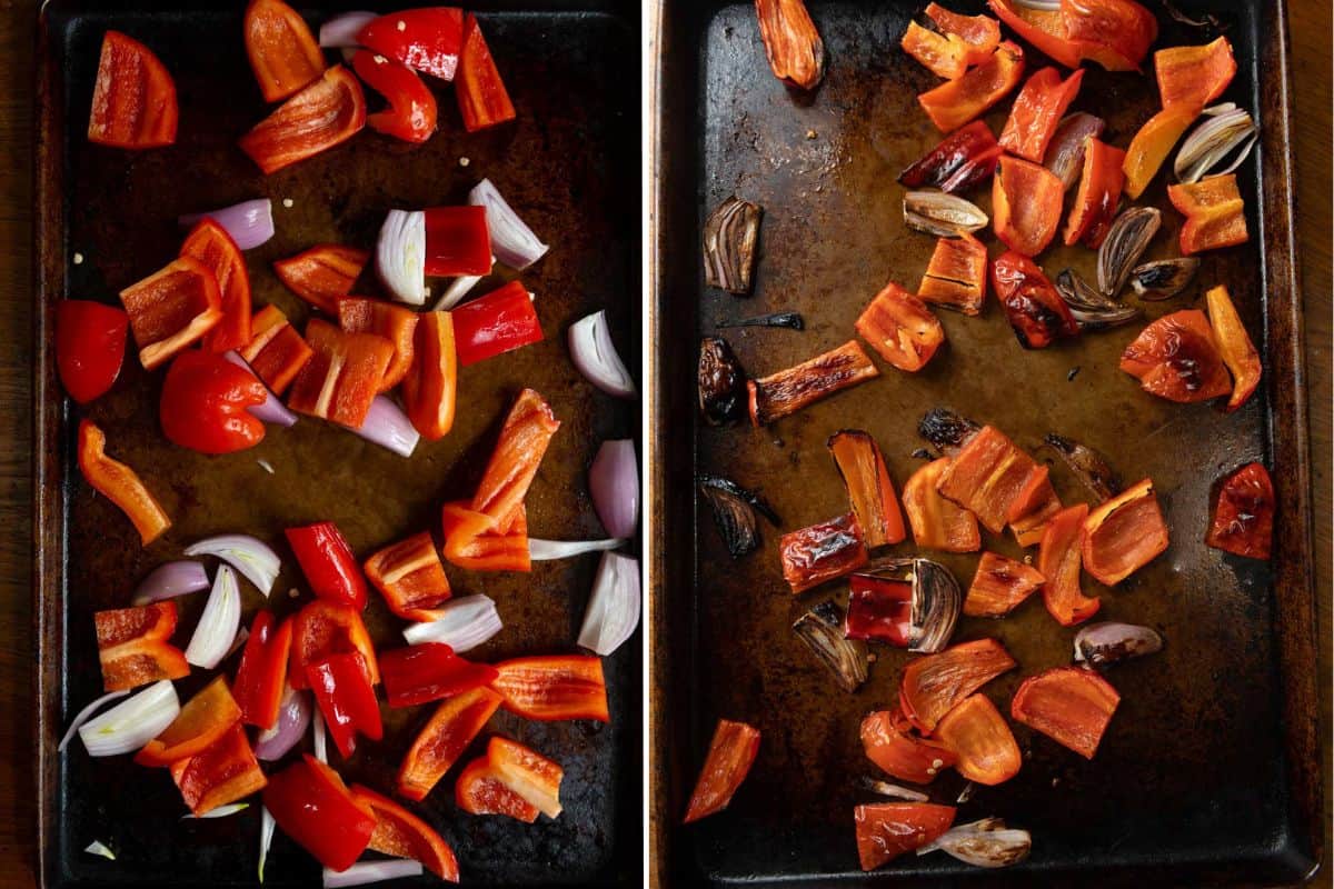 Red peppers and shallots before and after broiling.