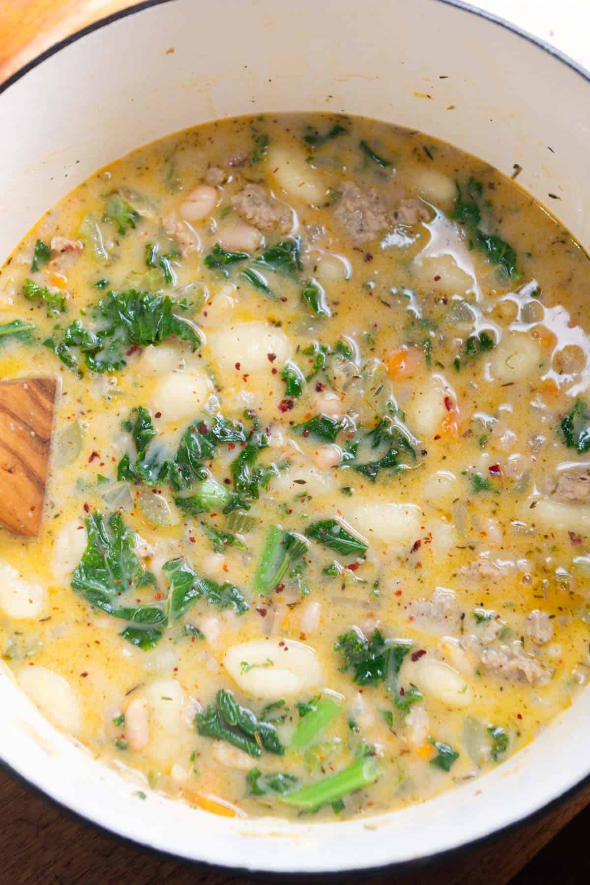 Overhead view of gnocchi soup with vibrant kale in it.