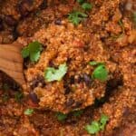Close up of scoop of seasoned quinoa topped with cilantro leaves.